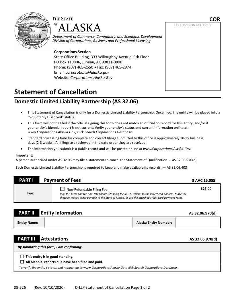 Statement Of Cancellation Domestic Limited Liability Partnership {08-526} | Pdf Fpdf Docx | Alaska