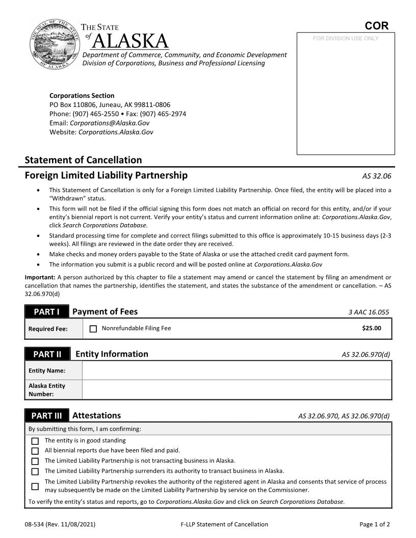 Statement Of Cancellation Foreign LLP {08-534} | Pdf Fpdf Docx | Alaska