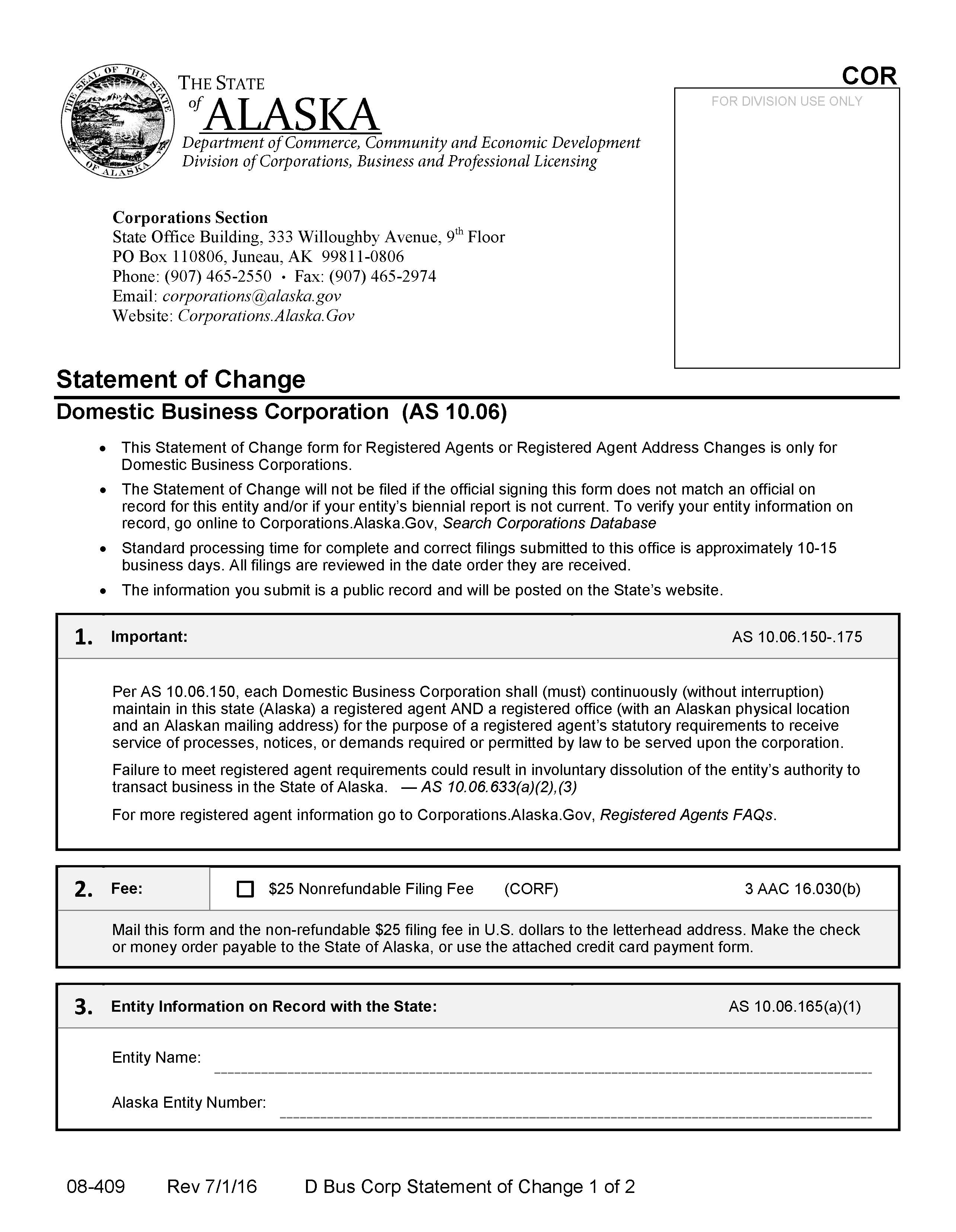 Statement Of Change Domestic Business Corporation {08-409} | Pdf Fpdf Docx | Alaska