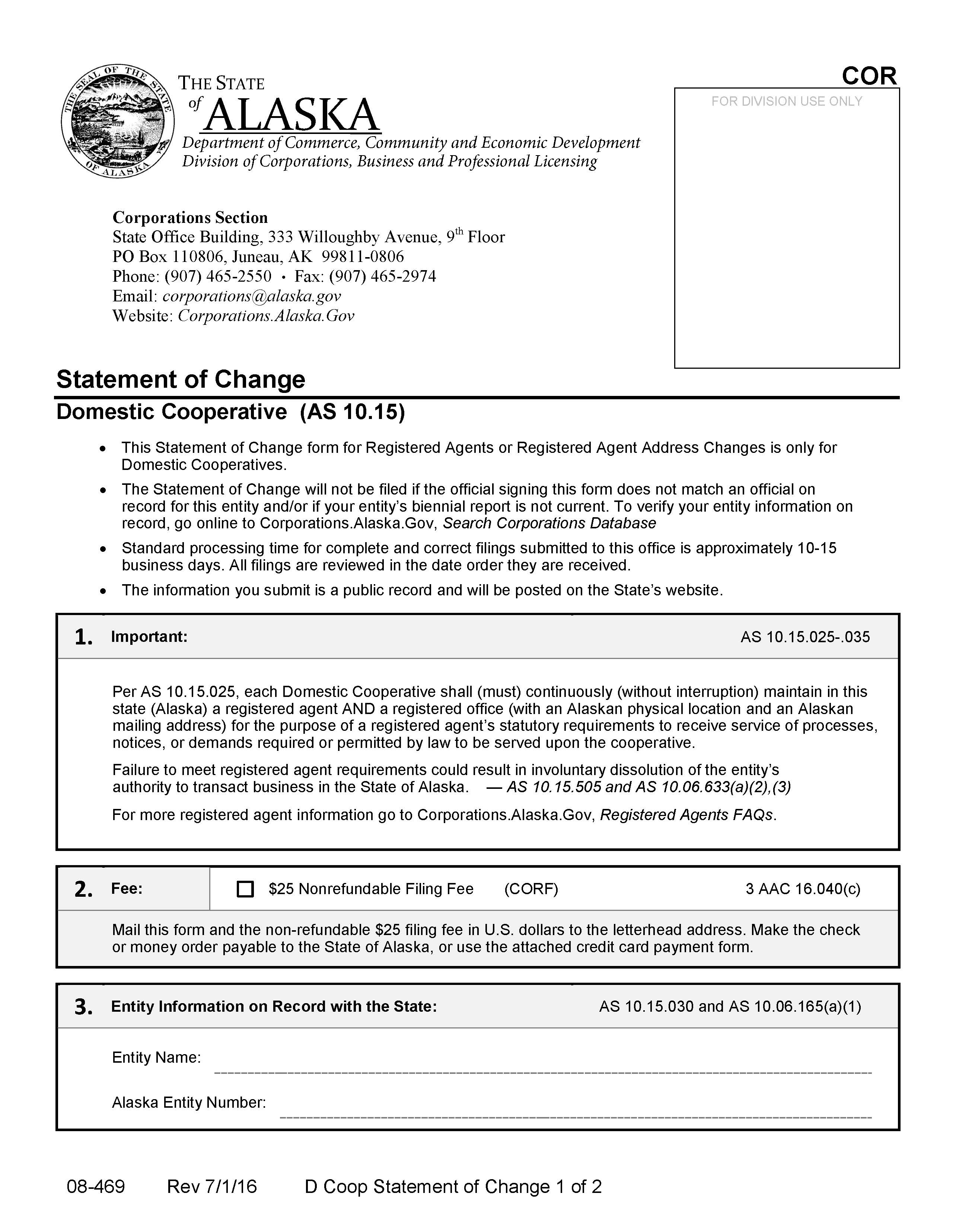 Statement Of Change Domestic Cooperative {08-469} | Pdf Fpdf Docx | Alaska