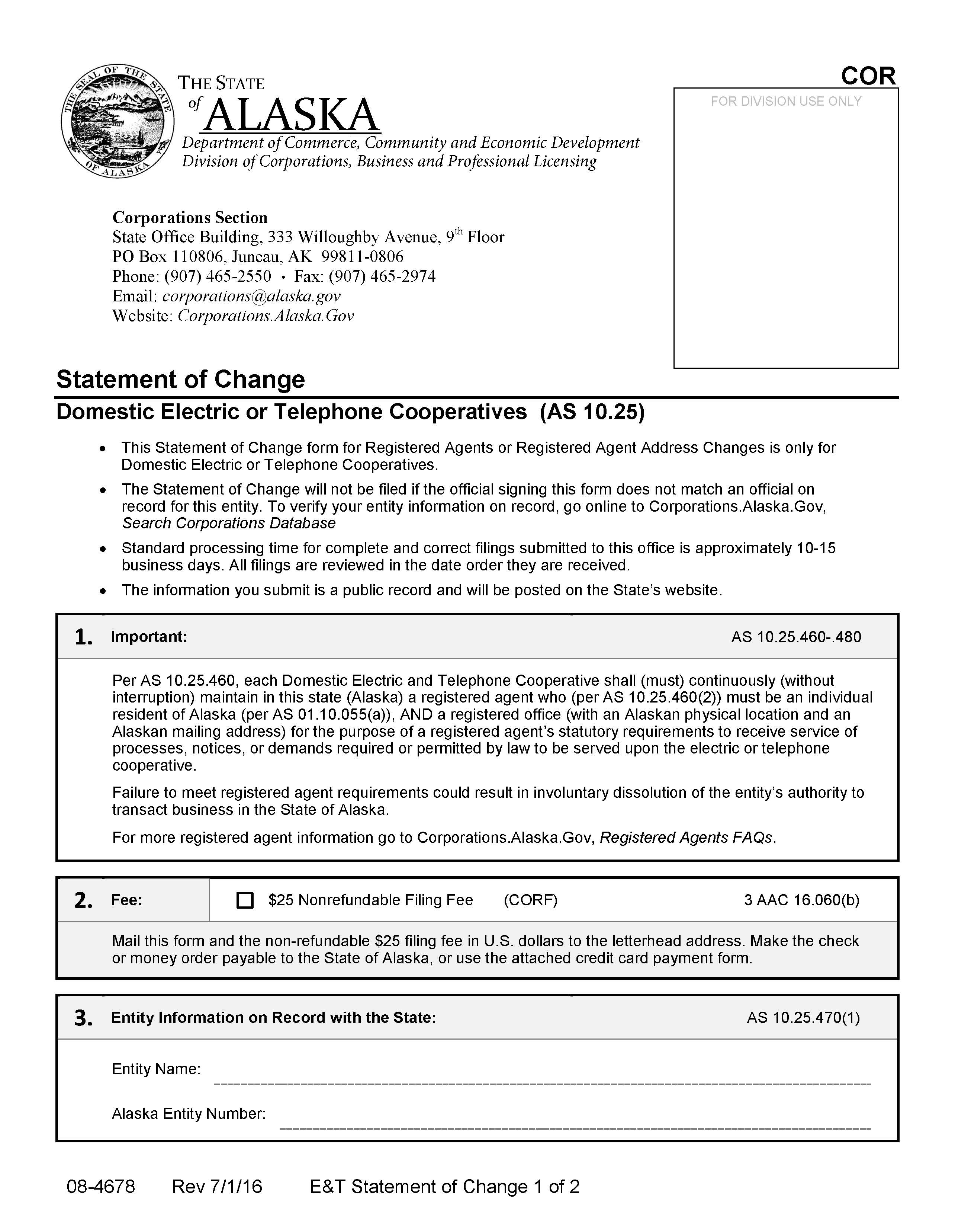 Statement Of Change Domestic Electric Or Telephone Cooperatives {08-4678} | Pdf Fpdf Docx | Alaska