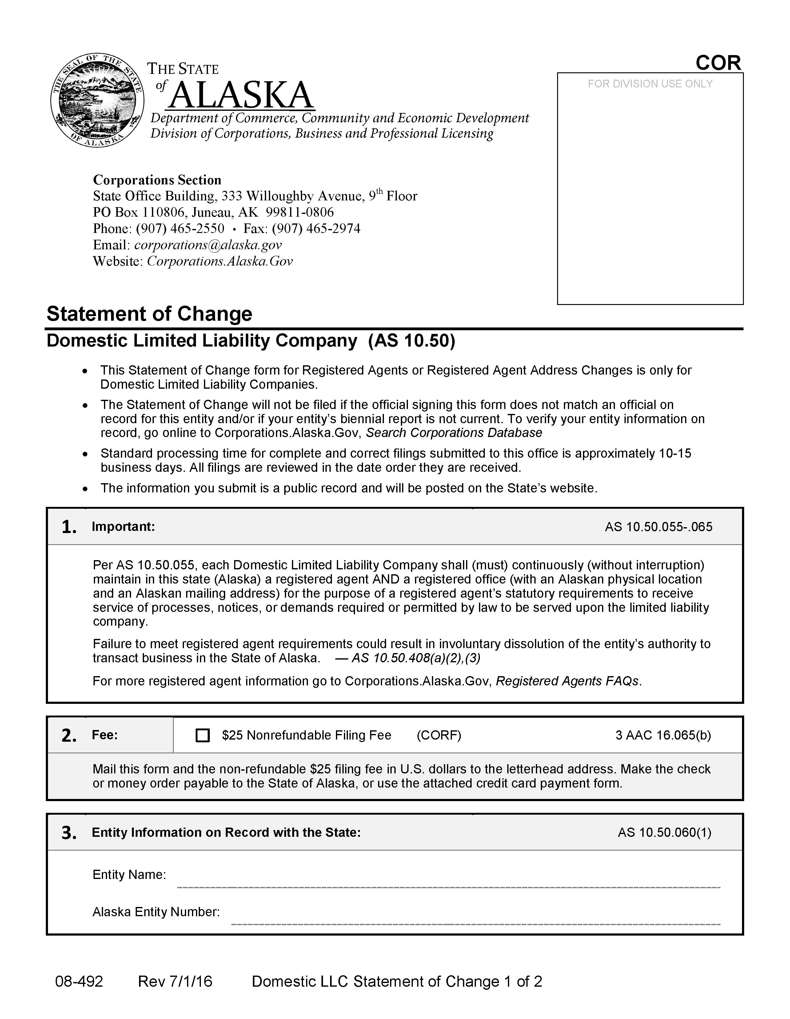Statement Of Change Domestic Limited Liability Company {08-492} | Pdf Fpdf Docx | Alaska