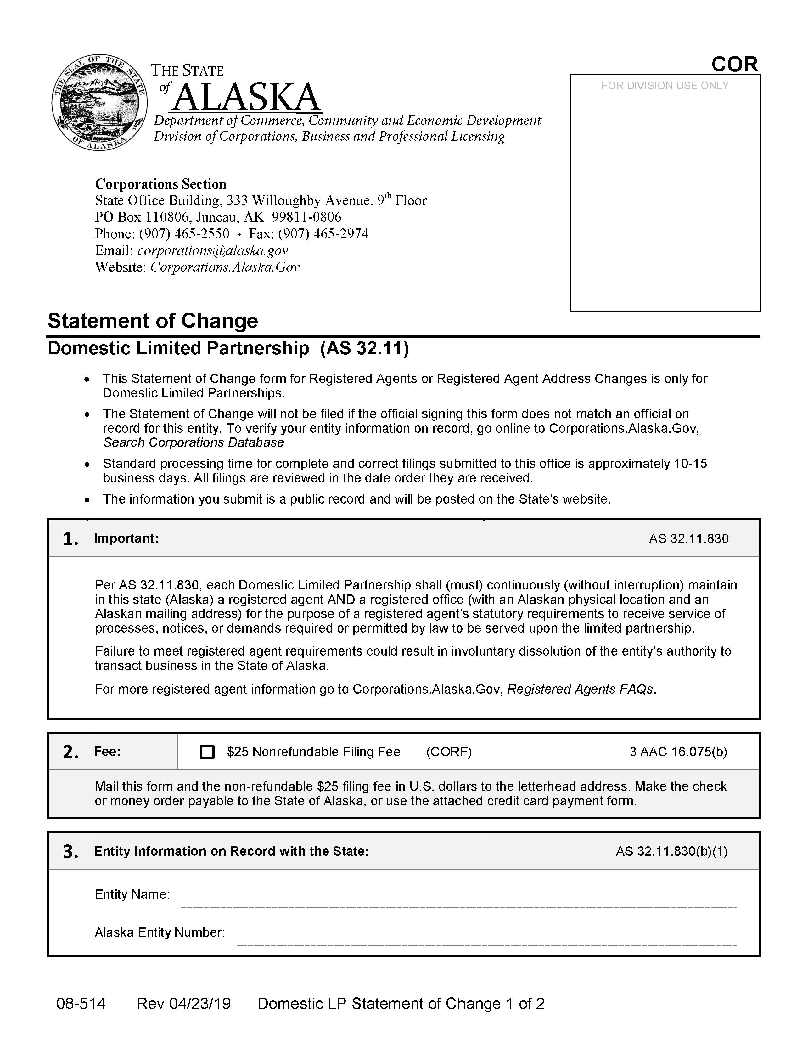 Statement Of Change Domestic Limited Partnership {08-514} | Pdf Fpdf Docx | Alaska
