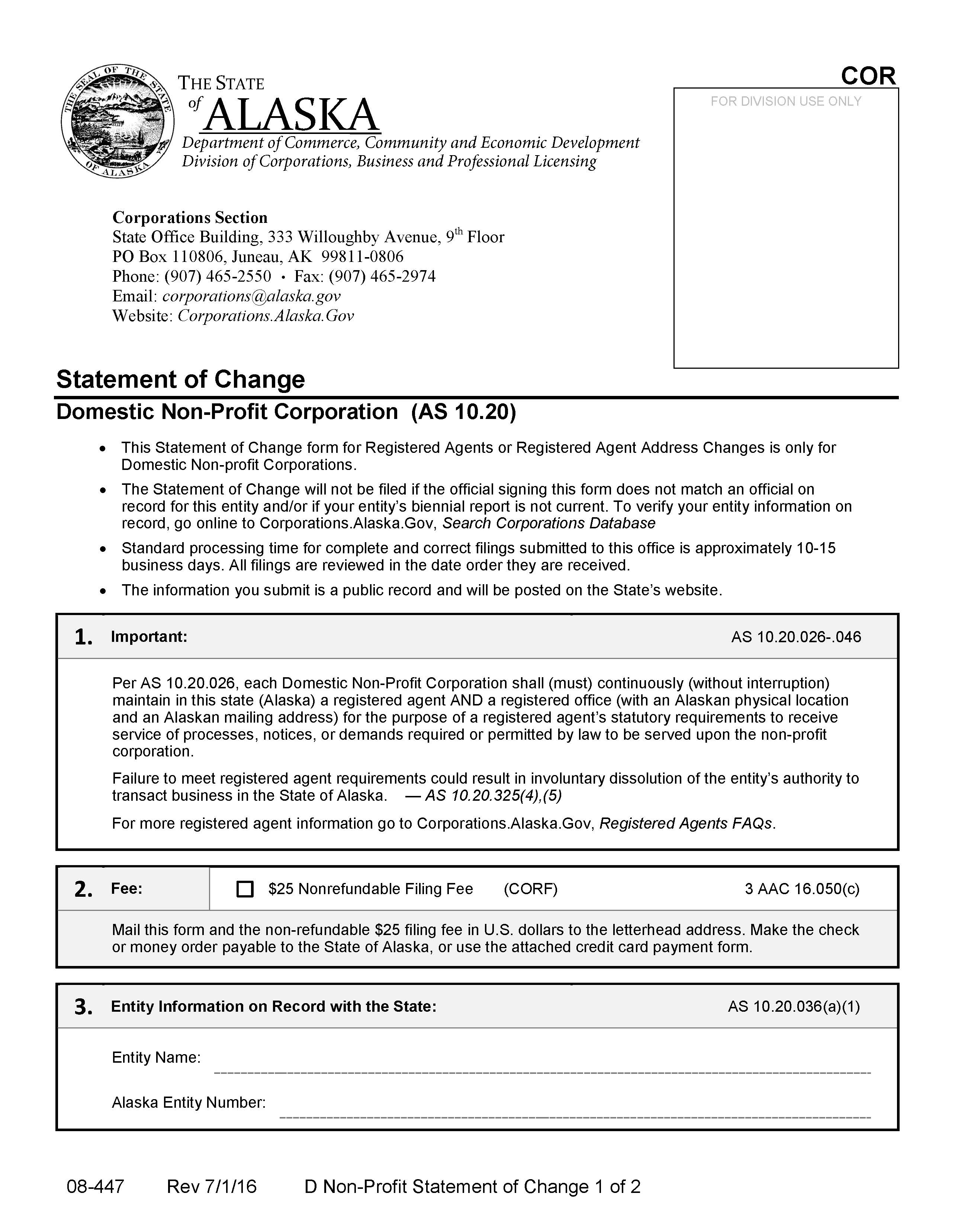 Statement Of Change Domestic Non Profit Corporation {08-447} | Pdf Fpdf Docx | Alaska
