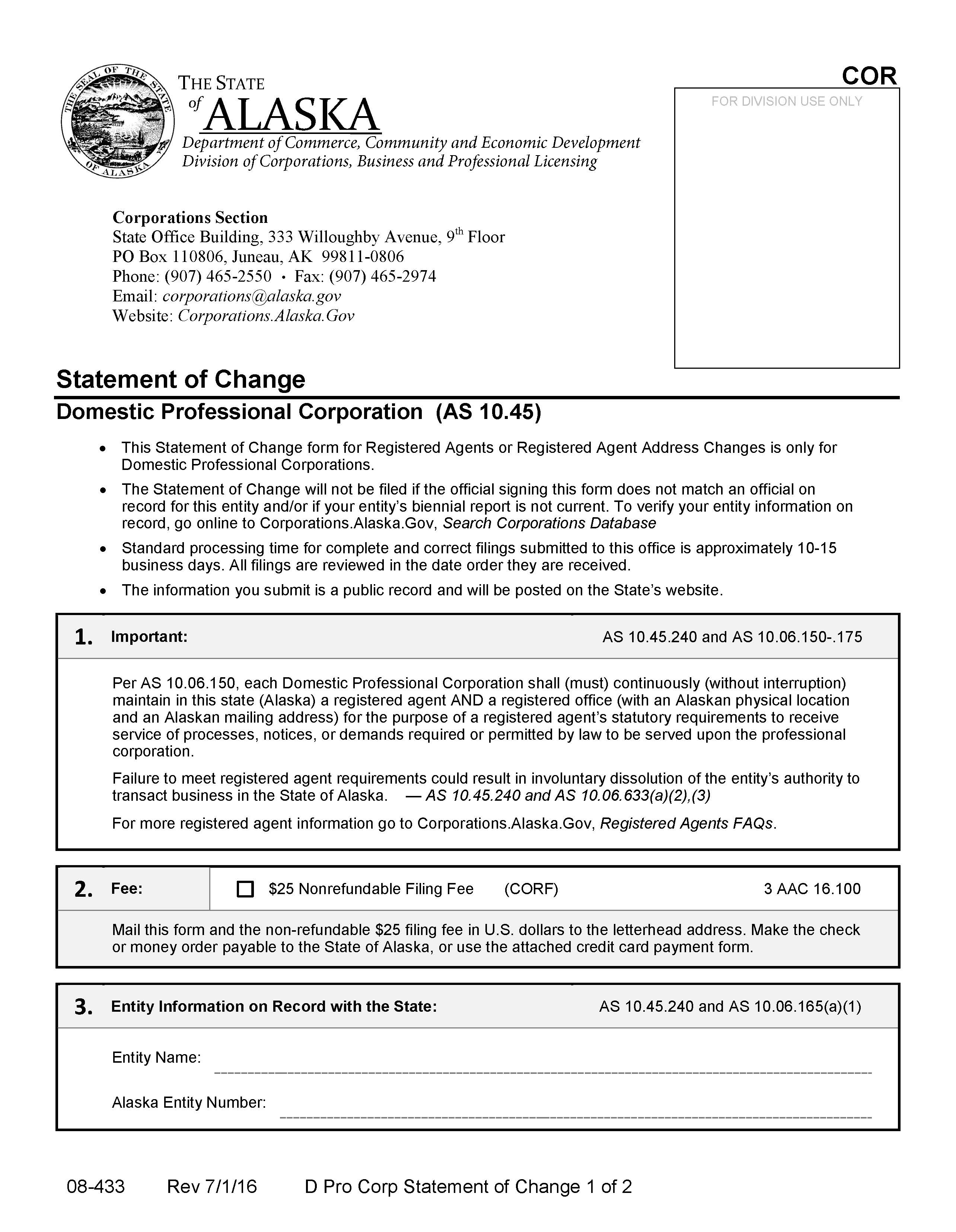 Statement Of Change Domestic Professional Corporation {08-433} | Pdf Fpdf Docx | Alaska