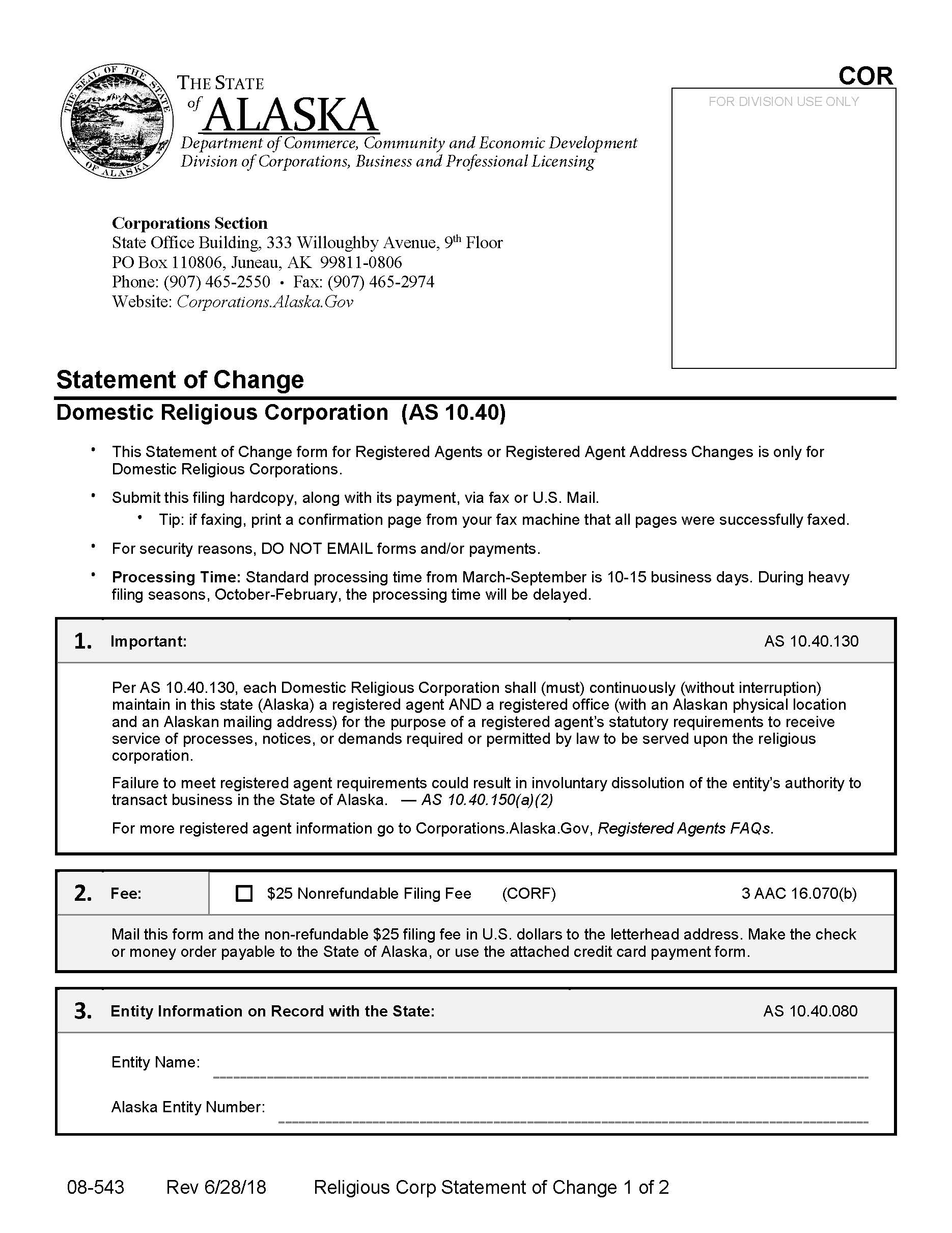 Statement Of Change Domestic Religious Corporation {08-543} | Pdf Fpdf Docx | Alaska