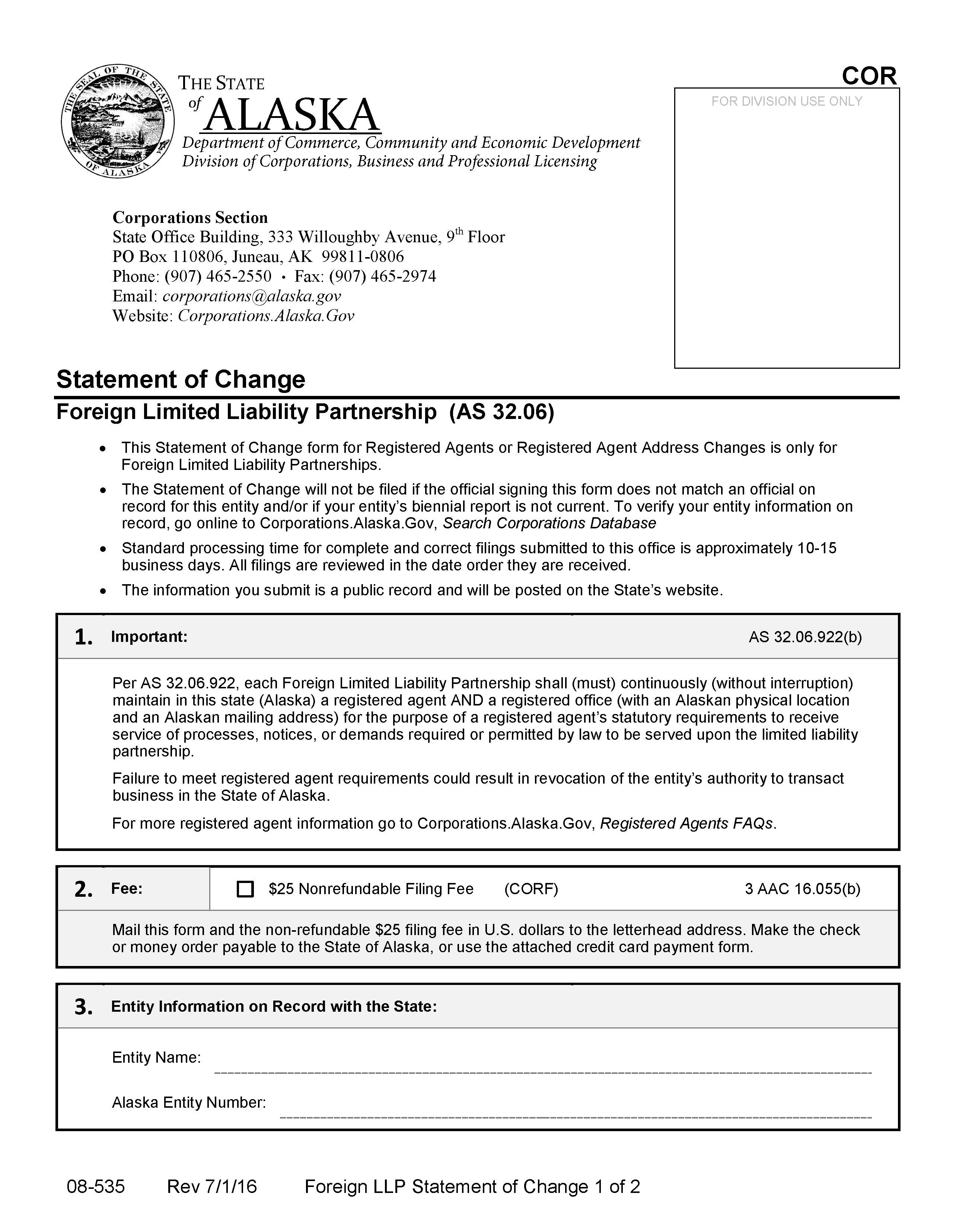 Statement Of Change Foreign LLP {08-535} | Pdf Fpdf Docx | Alaska