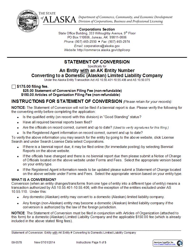 Statement Of Conversion (Entity With An AK Number Converting To Dom. LLC) {08-0578} | Pdf Fpdf Docx | Alaska