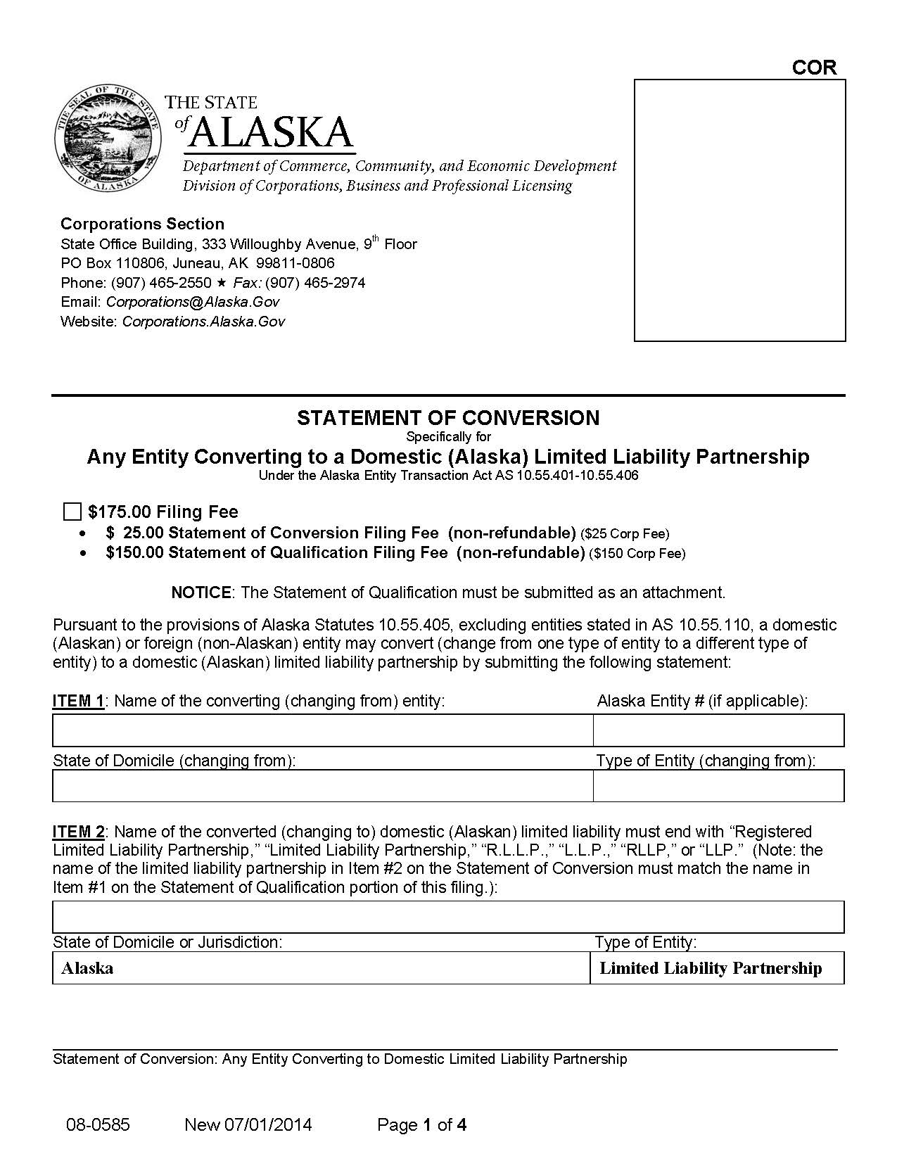 Statement Of Conversion Any Entity Converting To Domestic LLP {08-0585} | Pdf Fpdf Doc Docx | Alaska