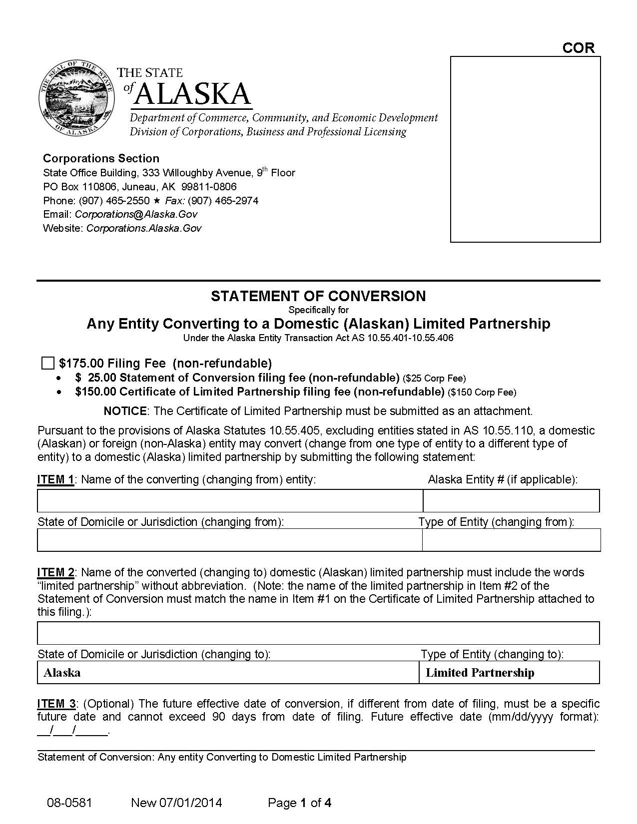 Statement Of Conversion Any Entity Converting To Domestic LP {08-0581} | Pdf Fpdf Docx | Alaska