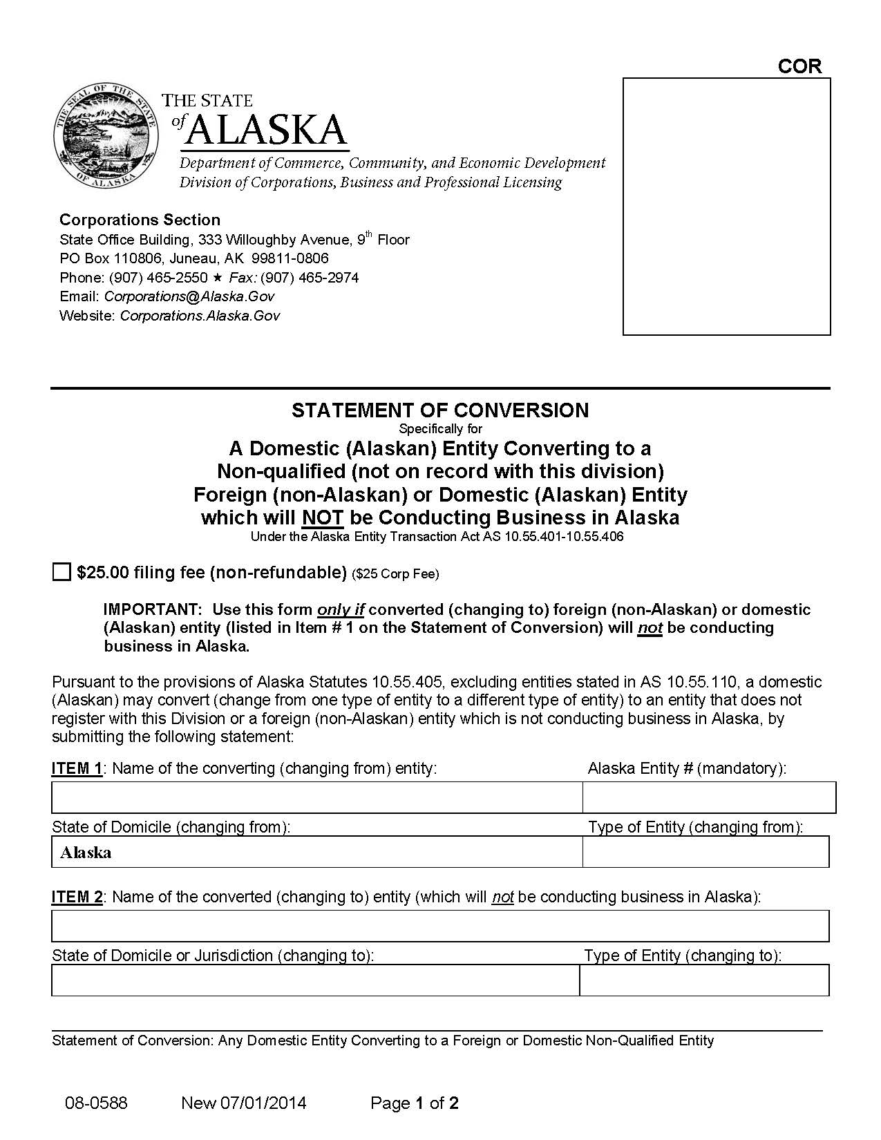 Statement Of Conversion Domestic Entity Converting To A Non Qualified Entity {08-0588} | Pdf Fpdf Docx | Alaska