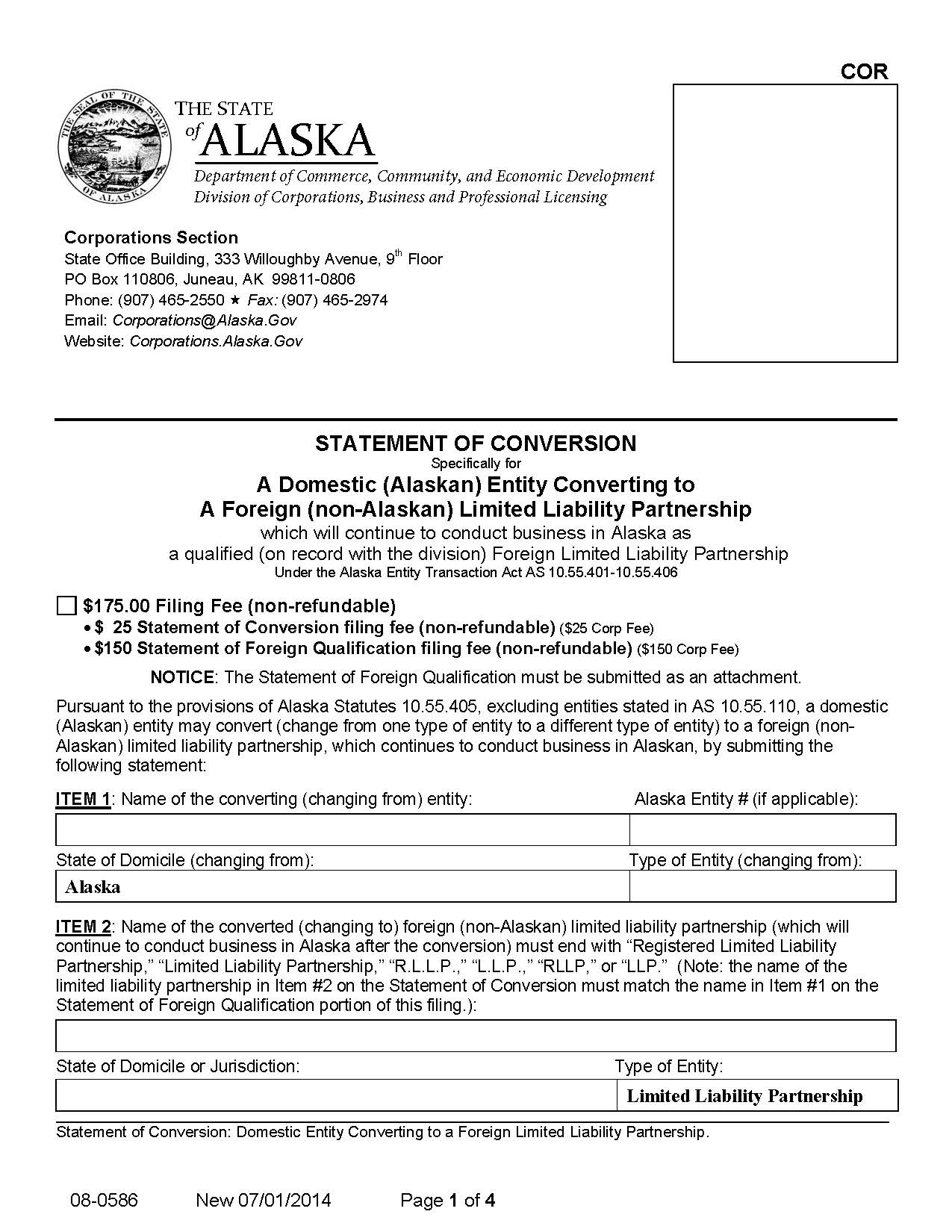 Statement Of Conversion Domestic Entity Converting To Foreign LLP {08-0586} | Pdf Fpdf Docx | Alaska