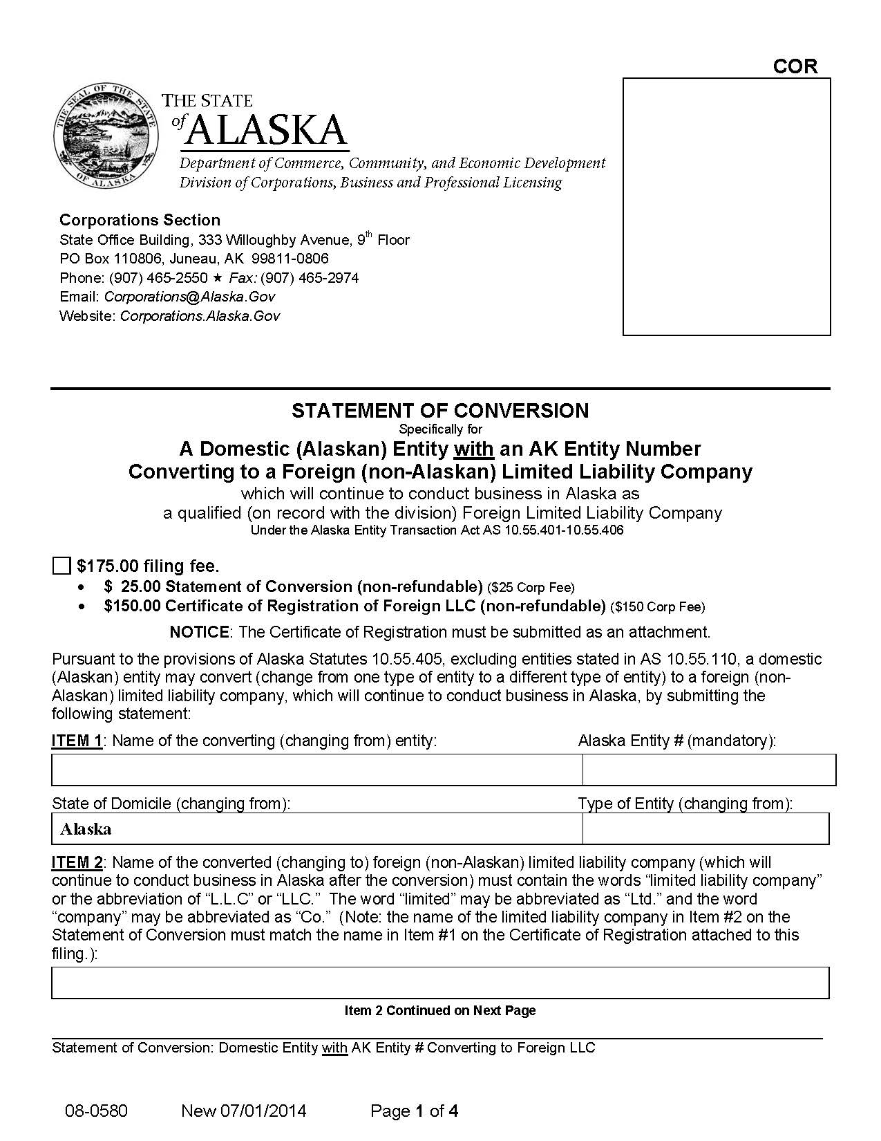 Statement Of Conversion Domestic Entity With AK Number Converting To Foreign {08-0580} | Pdf Fpdf Docx | Alaska