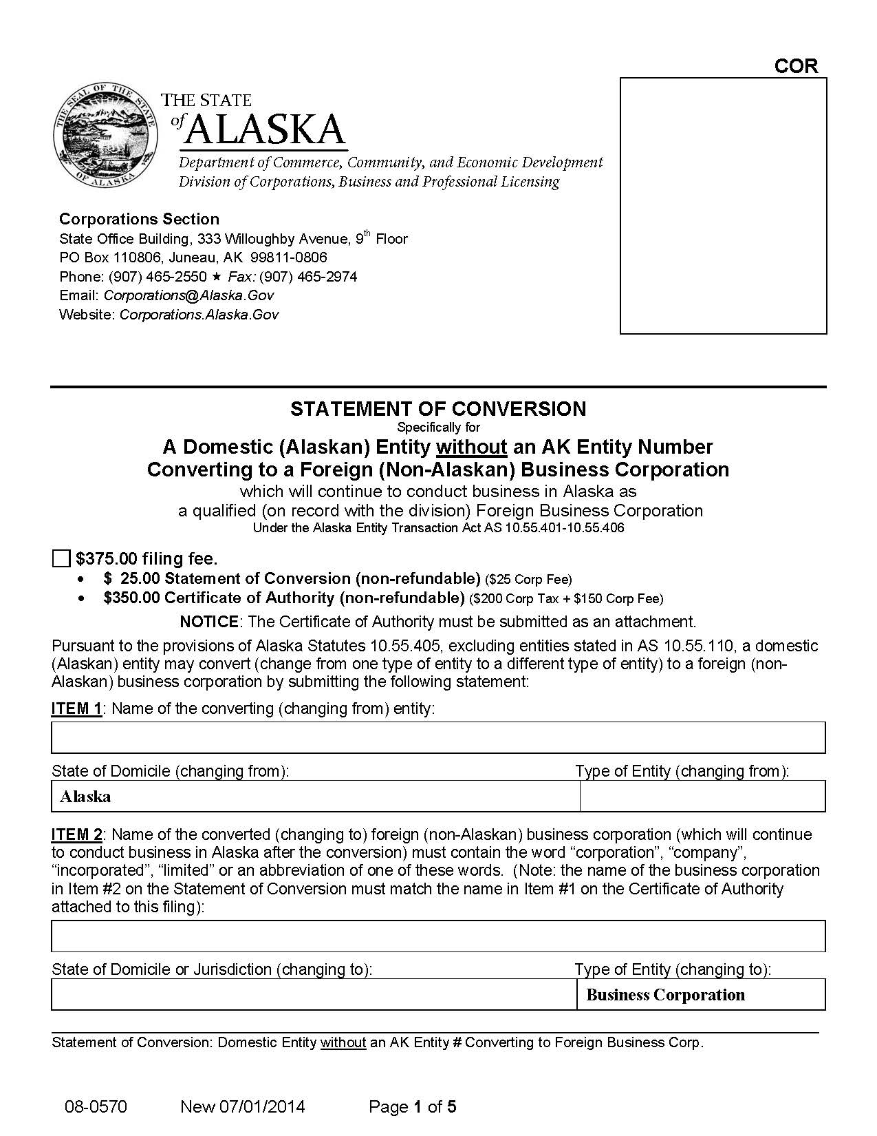 Statement Of Conversion Domestic Entity Without AK Number Converting To Foreign {08-0570} | Pdf Fpdf Docx | Alaska