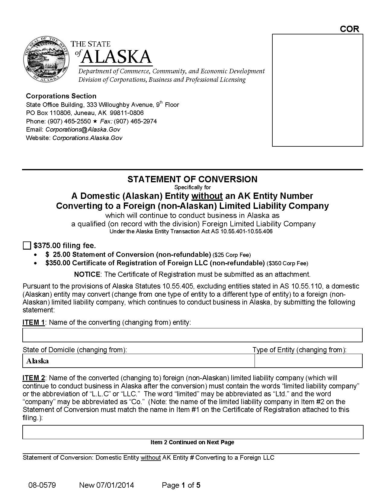 Statement Of Conversion Domestic Entity Without AK Number Converting To Foreign LLC {08-0579} | Pdf Fpdf Docx | Alaska