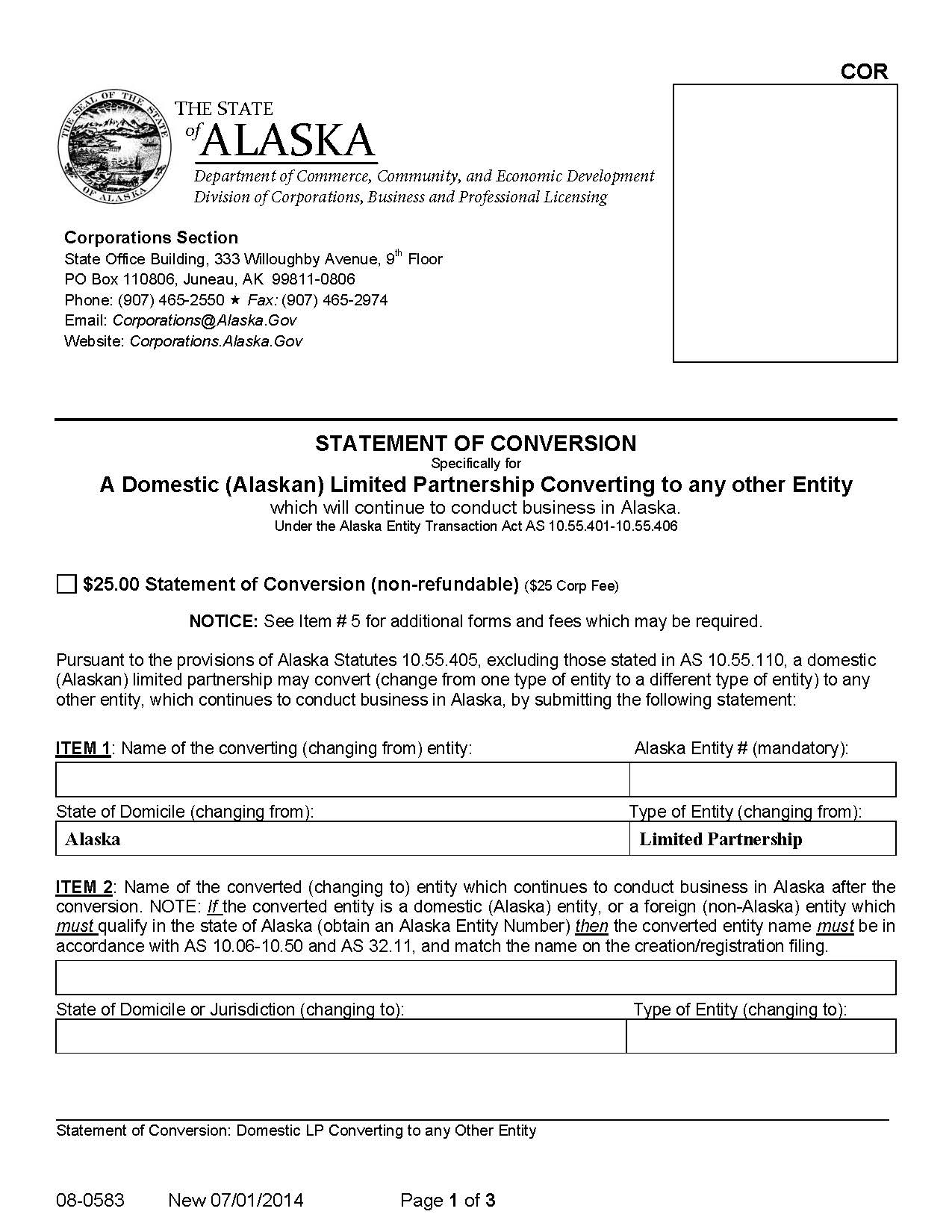 Statement Of Conversion Domestic LP Converting To Any Other Entity {08-0583} | Pdf Fpdf Docx | Alaska