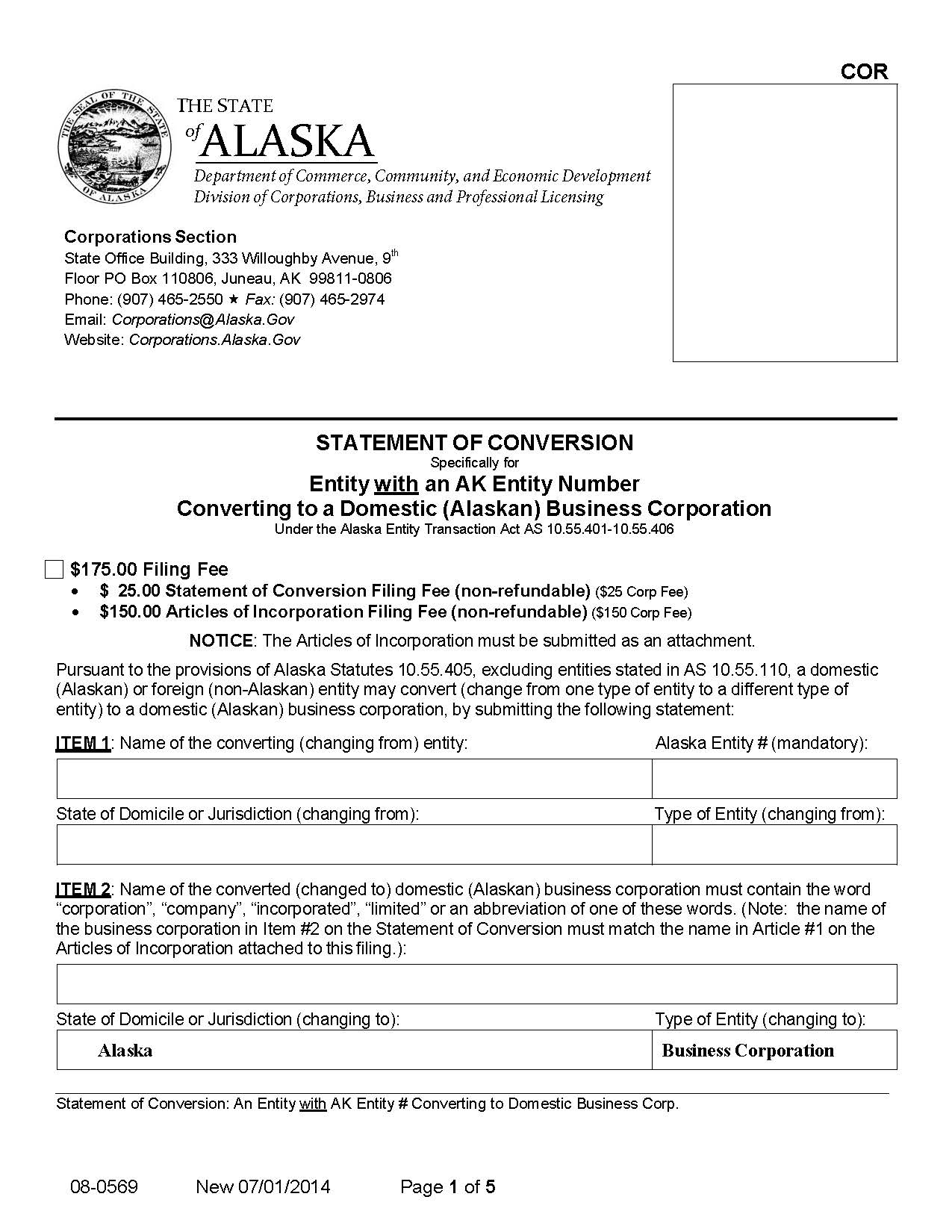 Statement Of Conversion Entity AK Number Converting To Domestic Bus Corp {08-0569} | Pdf Fpdf Docx | Alaska