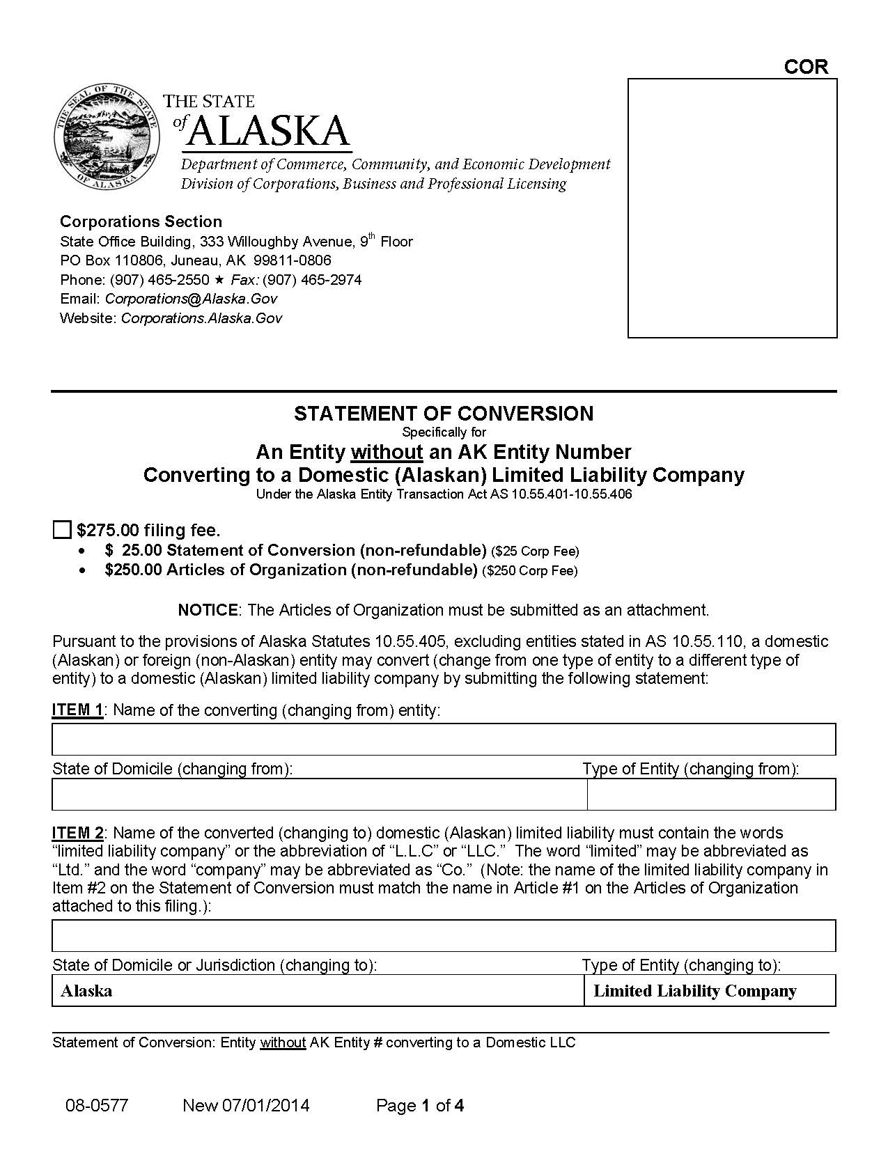 Statement Of Conversion Entity Without AK Number Converting To Dom LLC {08-0577} | Pdf Fpdf Docx | Alaska