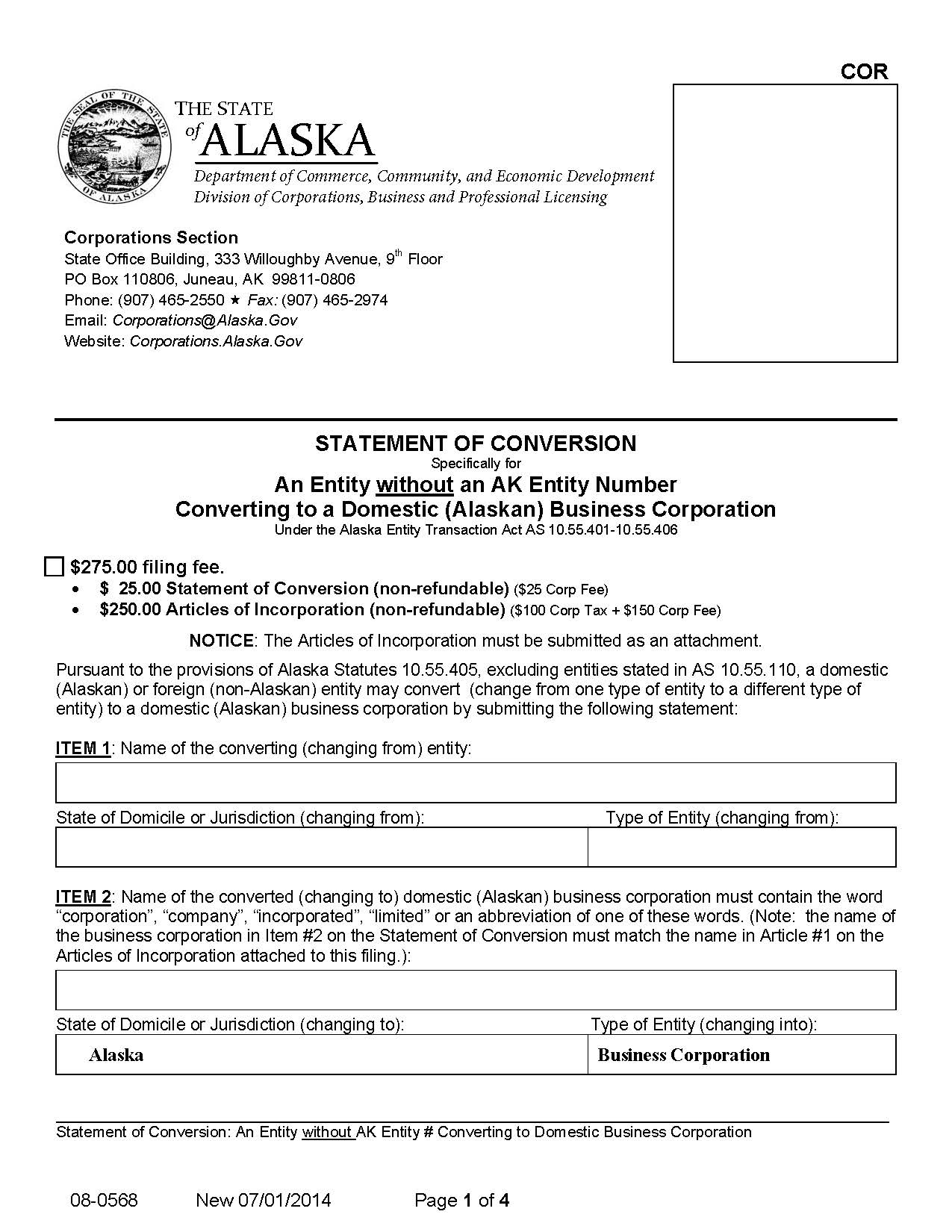 Statement Of Conversion Entity Without AK Number Converting To Domestic {08-0568} | Pdf Fpdf Docx | Alaska