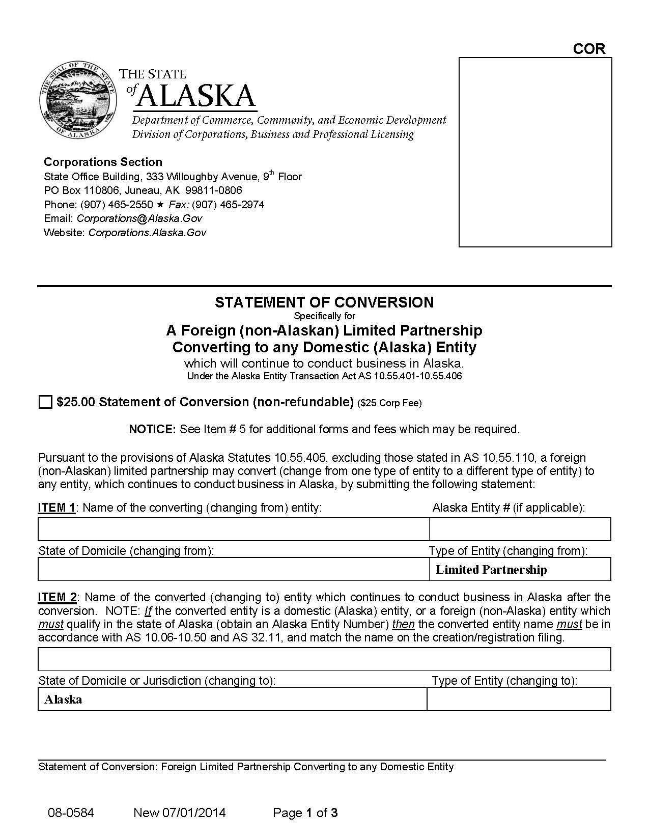 Statement Of Conversion Foreign Non Alaskan LP {08-0584} | Pdf Fpdf Docx | Alaska