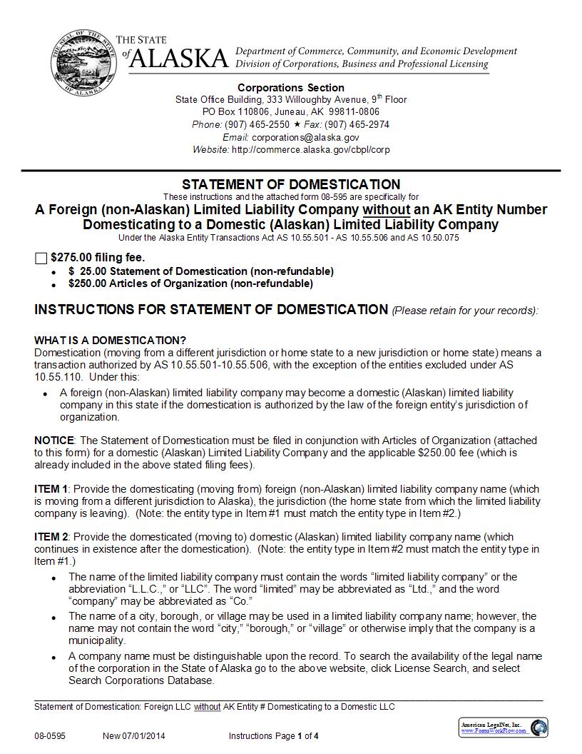 Statement Of Domestication (A Foreign LLC Without AK Number Domesticating To LLC) {08-0595} | Pdf Fpdf Docx | Alaska