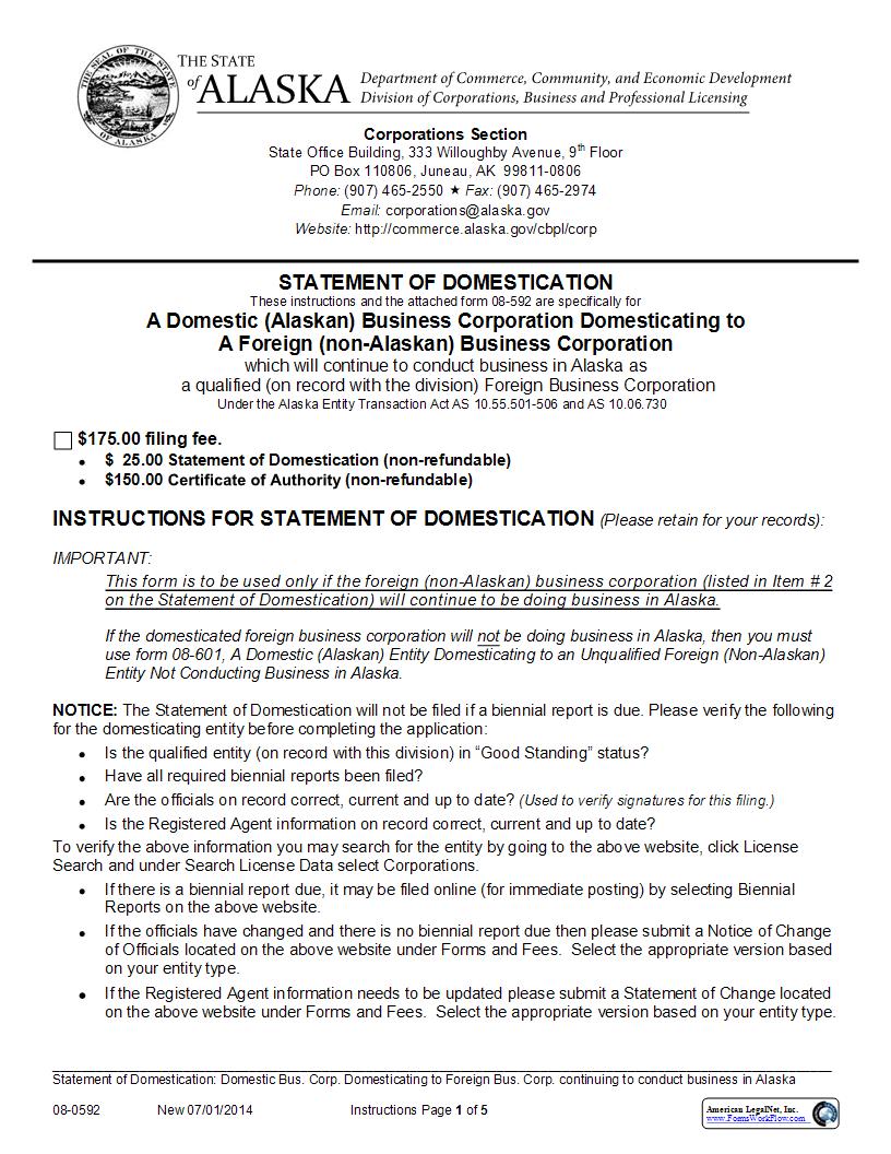 Statement Of Domestication (Domestic Bus. Corp. Domesticating To Foreign Bus. Corp.) {08-0592} | Pdf Fpdf Docx | Alaska