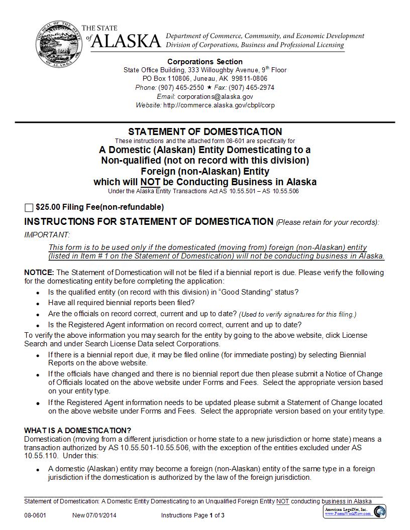 Statement Of Domestication (Domestic Entity Domesticating To A Non Qualified Foreign Entity) {08-0601} | Pdf Fpdf Docx | Alaska