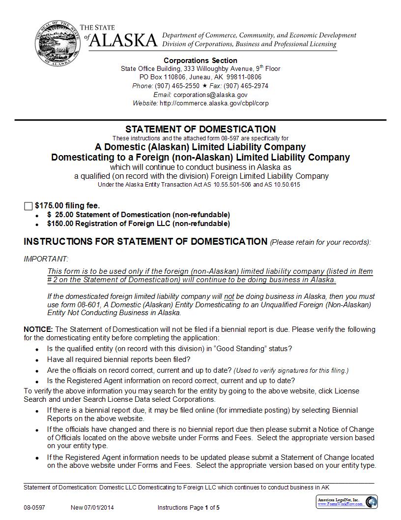 Statement Of Domestication (Domestic LLC Domesticating To Foreign LLC) {08-0597} | Pdf Fpdf Docx | Alaska