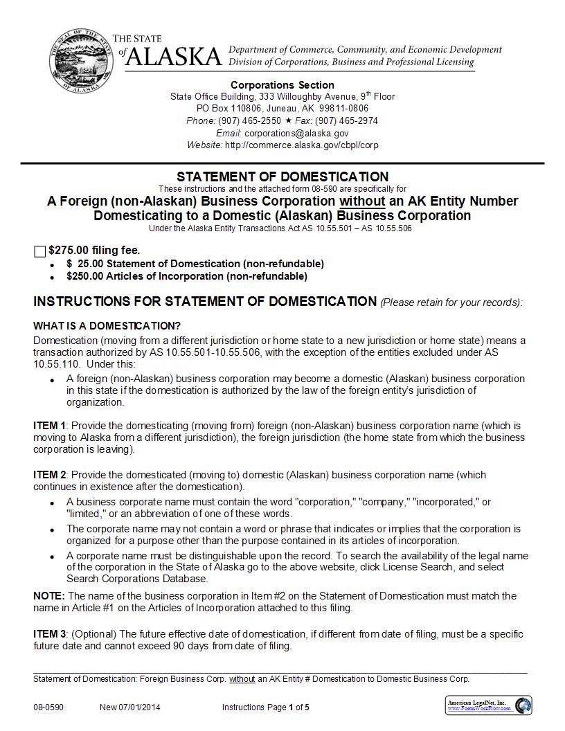 Statement Of Domestication (Foreign Bus Corp Without AK Entity Number To Domestic Corp) {08-0590} | Pdf Fpdf Docx | Alaska
