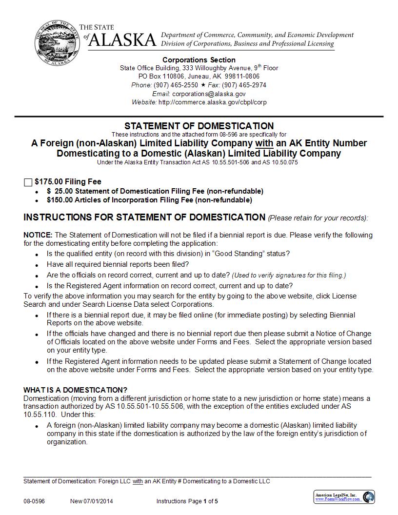Statement Of Domestication (Foreign LLC With AK Entity Number Domesticating To LLC) {08-0596} | Pdf Fpdf Docx | Alaska