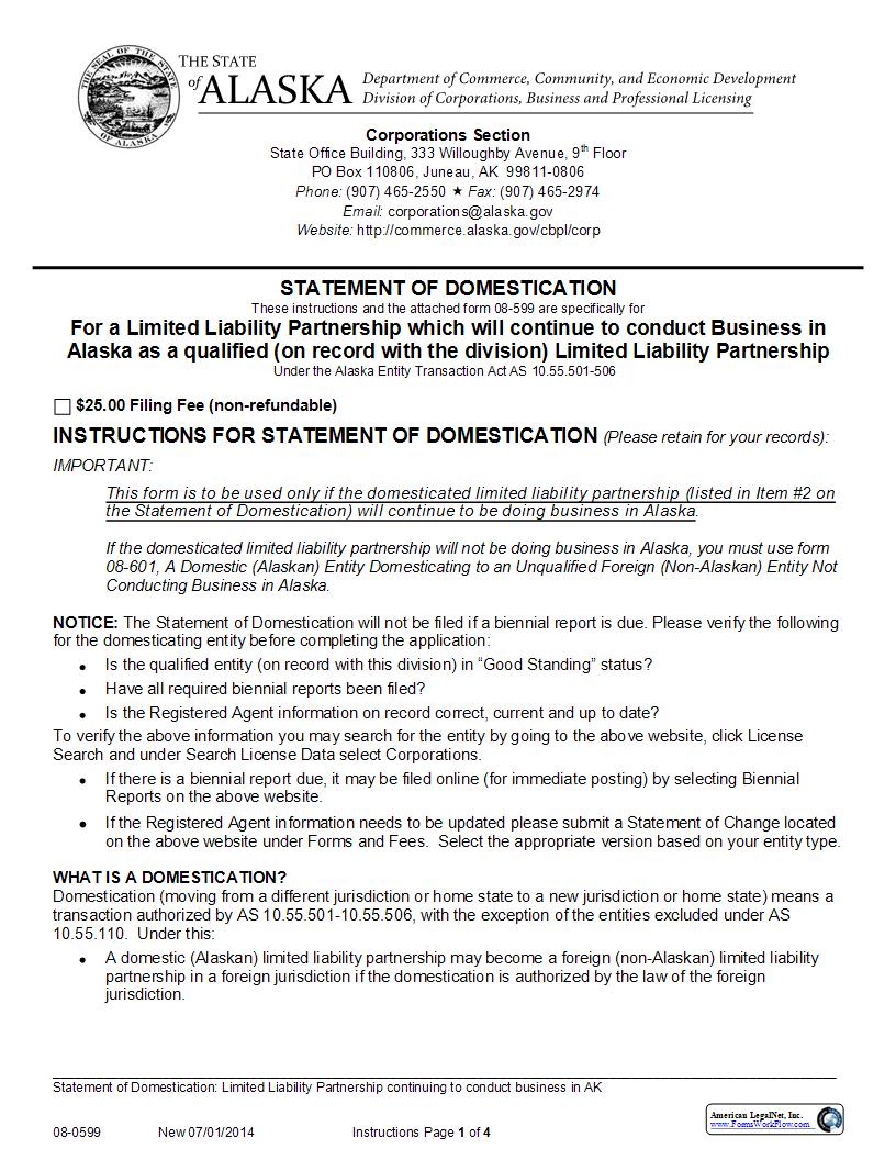 Statement Of Domestication (LLP To Continue Conducting Bus. In Alaska As Qualified LLP) {08-0599} | Pdf Fpdf Docx | Alaska