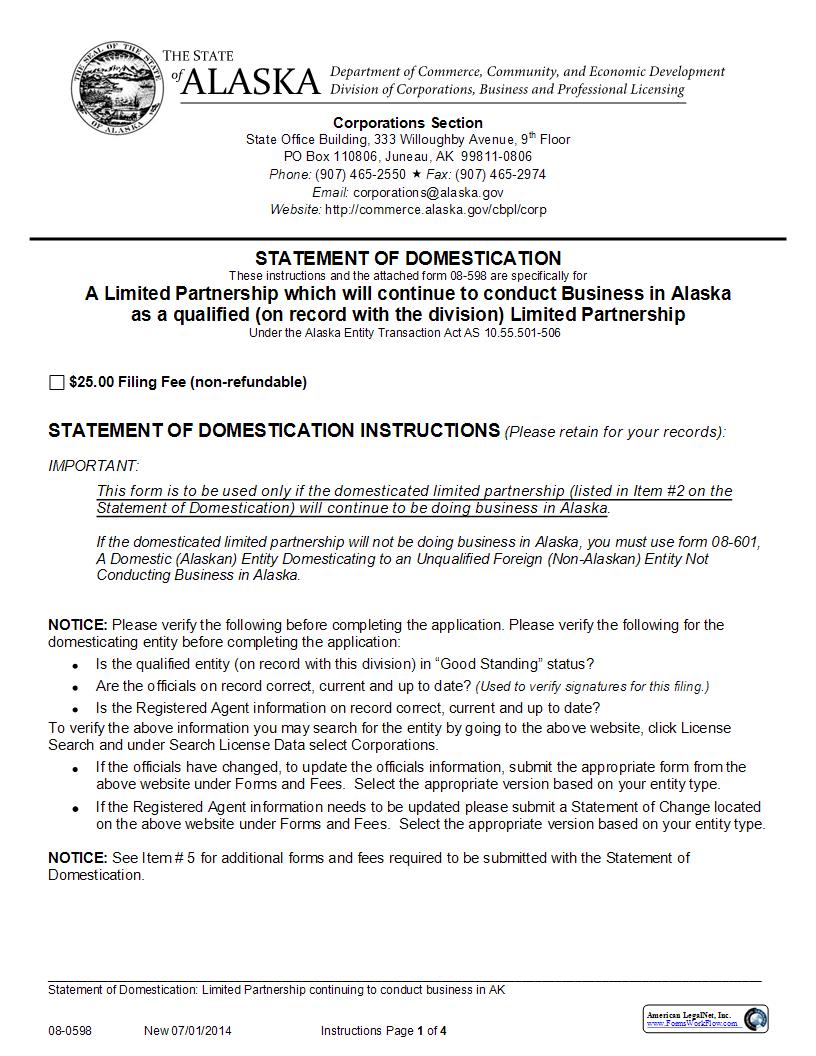Statement Of Domestication (Limited Partnership Which Will Continue Conducting Bus. As LP) {08-0598} | Pdf Fpdf Docx | Alaska