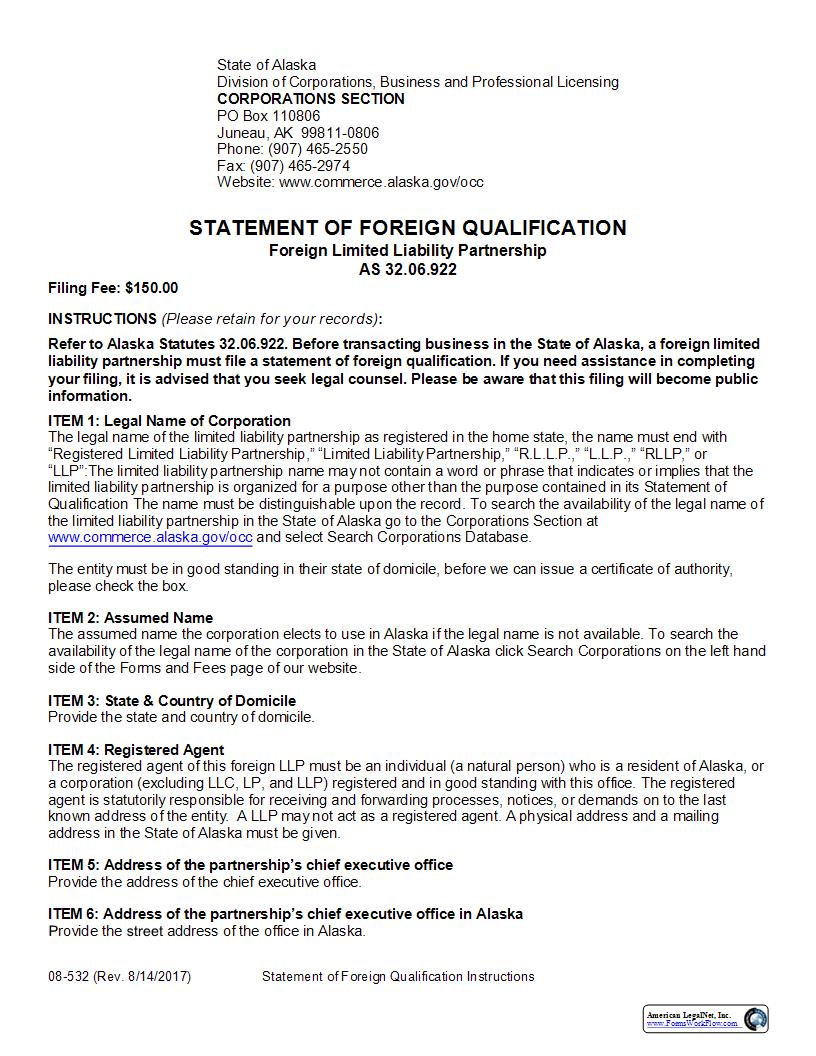 Statement Of Foreign Qualification (Foreign LLP) {08-532} | Pdf Fpdf Docx | Alaska