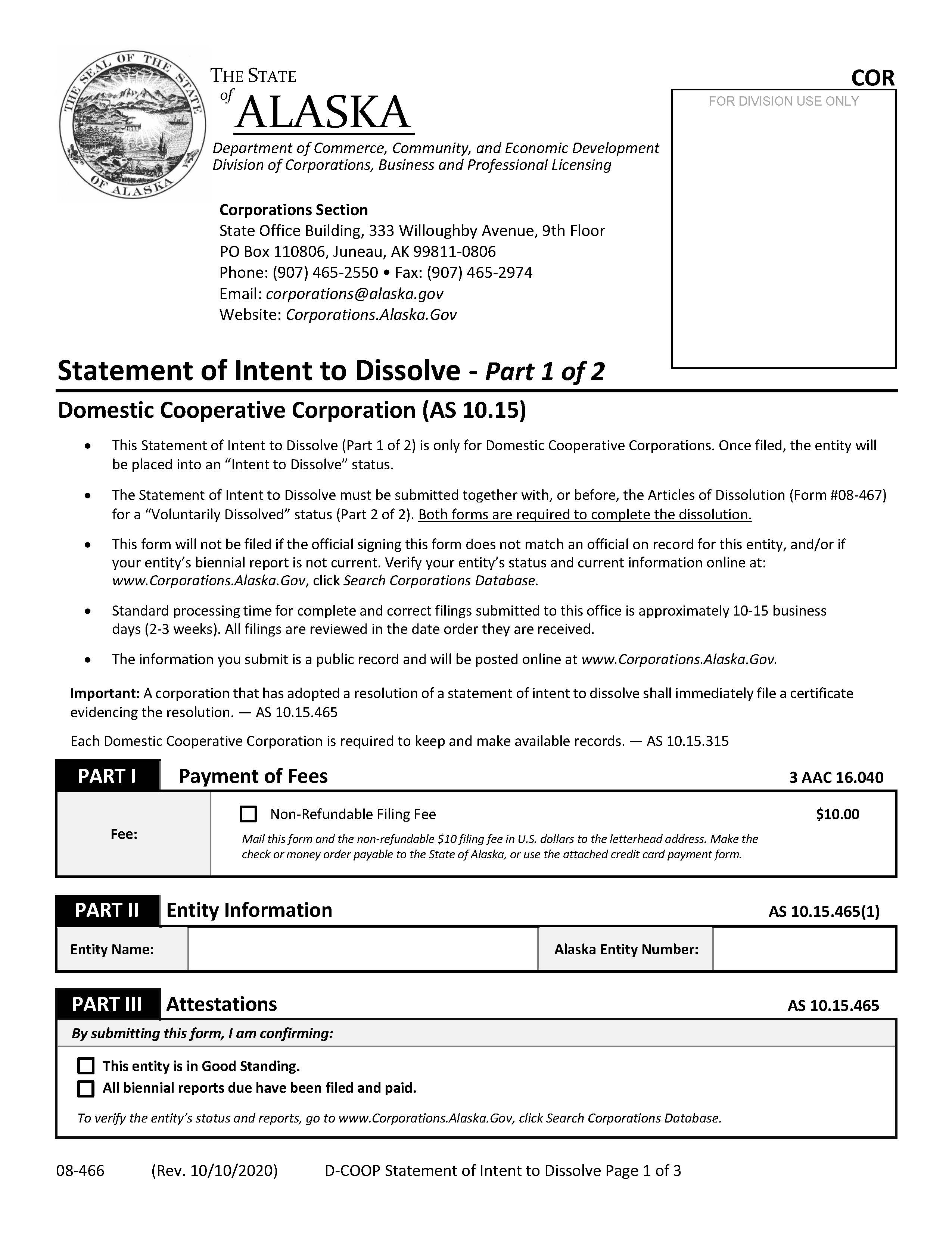 Statement Of Intent To Dissolve Domestic Cooperative Corporation {08-466} | Pdf Fpdf Docx | Alaska