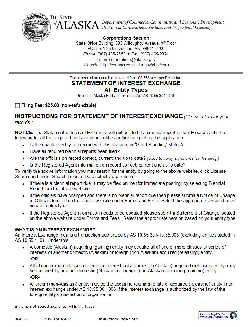Statement Of Interest Exchange (All Entity Types) {08-0566} | Pdf Fpdf Docx | Alaska