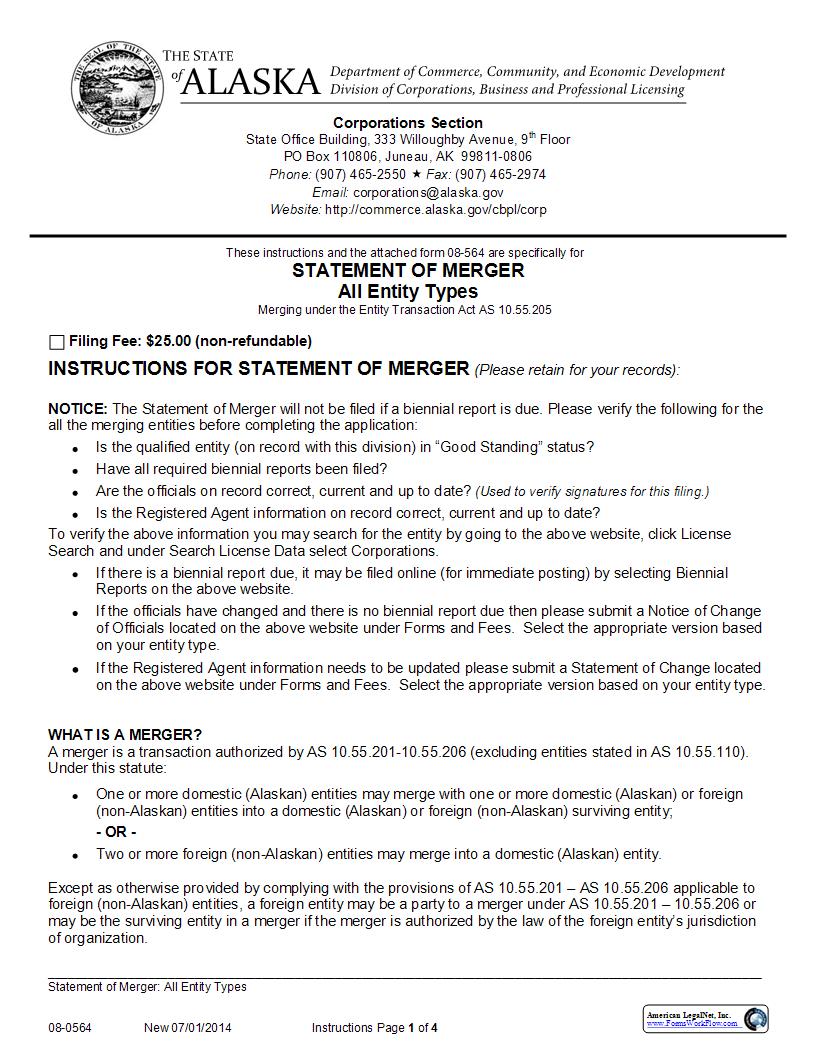 Statement Of Merger (All Entity Types) {08-0564} | Pdf Fpdf Docx | Alaska