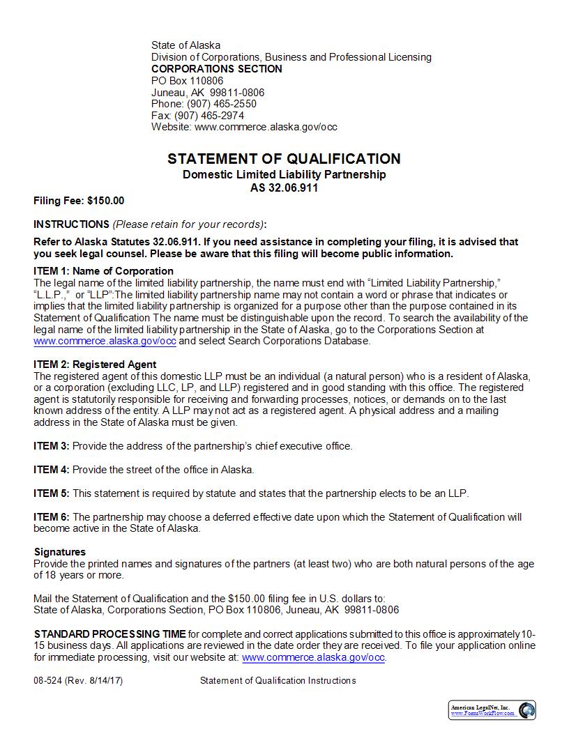 Statement Of Qualification (Domestic Limited Liability Partnership) {08-524} | Pdf Fpdf Docx | Alaska