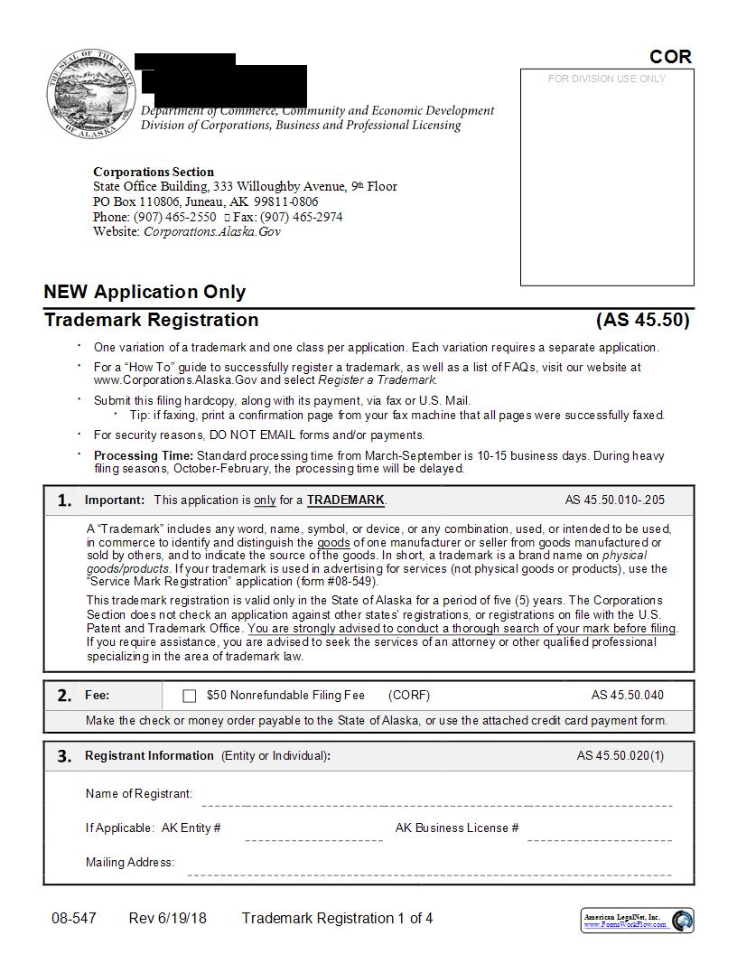 Trademark Registration (New Application Only) {08-547} | Pdf Fpdf Docx | Alaska