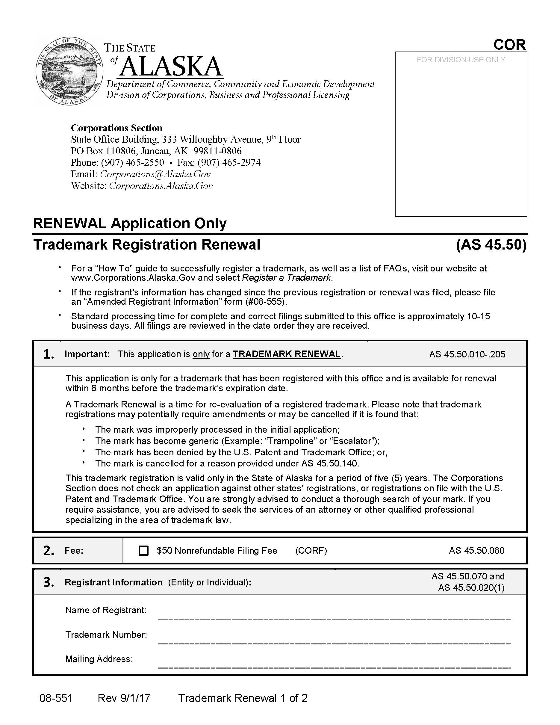 Trademark Registration Renewal Renewal Application Only {08-551} | Pdf Fpdf Docx | Alaska