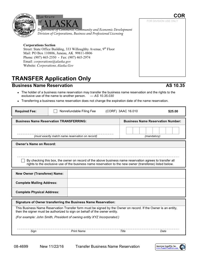 Transfer Business Name Reservation {08-4699} | Pdf Fpdf Docx | Alaska