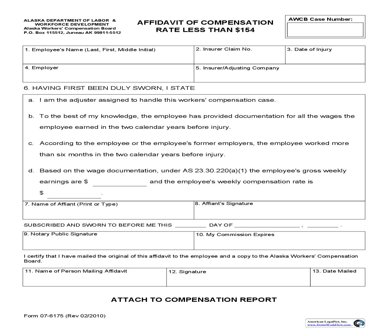Affidavit Of Compensation Rate Less Than $154 {07-6175} | Pdf Fpdf Doc Docx | Alaska