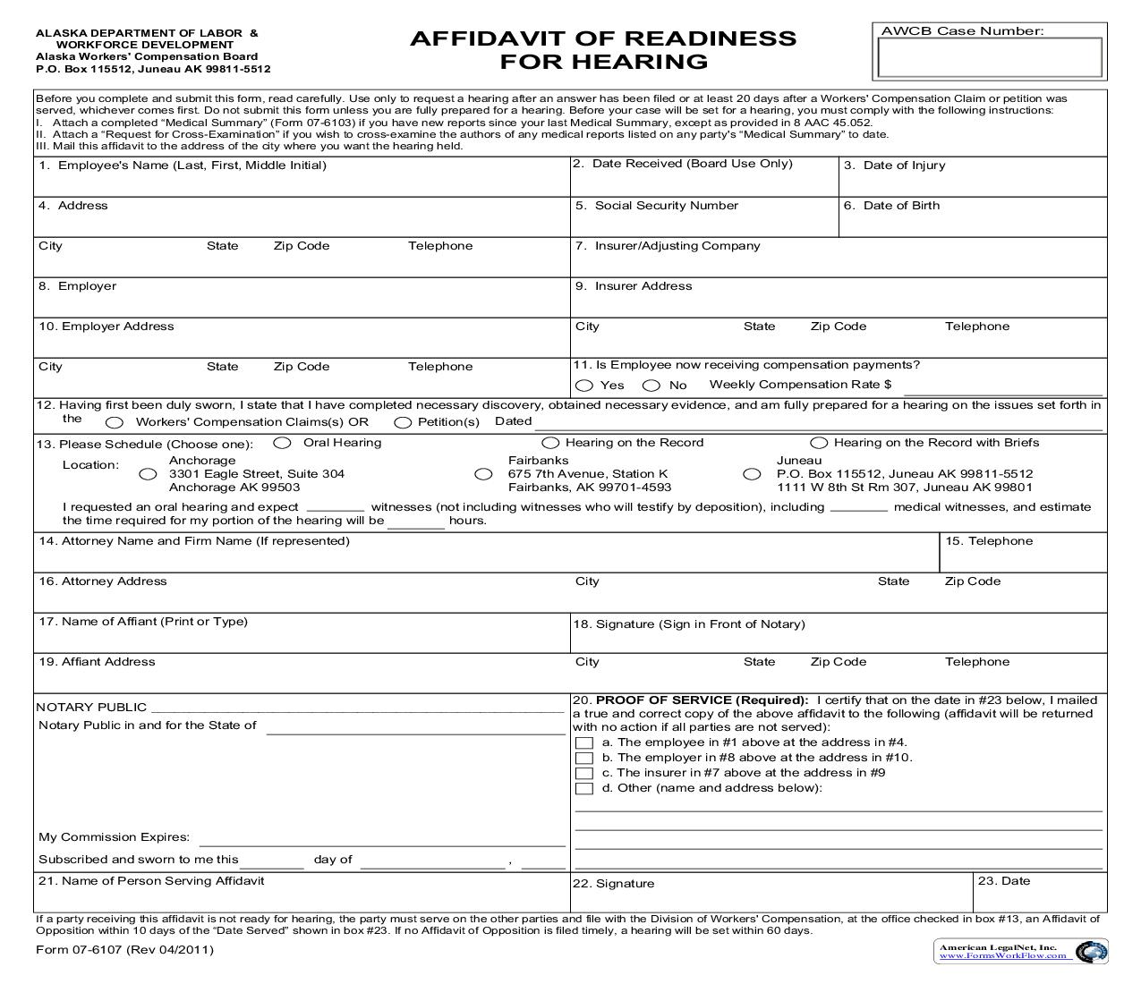 Affidavit Of Readiness For Hearing {07-6107} | Pdf Fpdf Doc Docx | Alaska