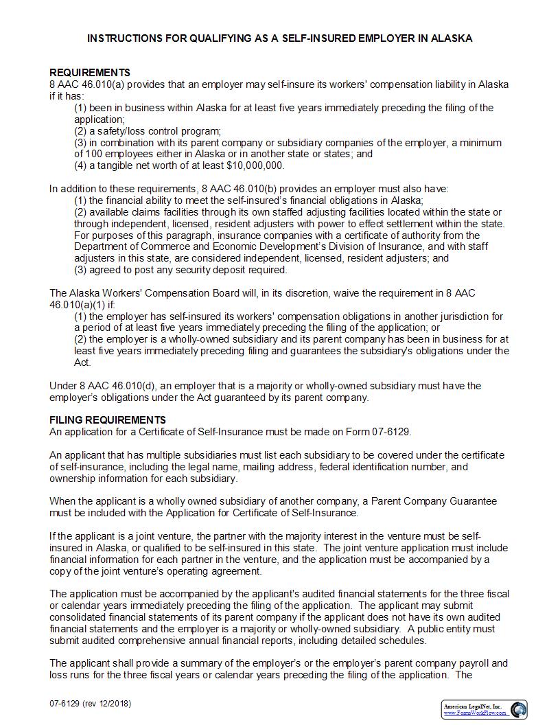 Application For Certificate Of Self Insurance {07-6129} | Pdf Fpdf Docx | Alaska