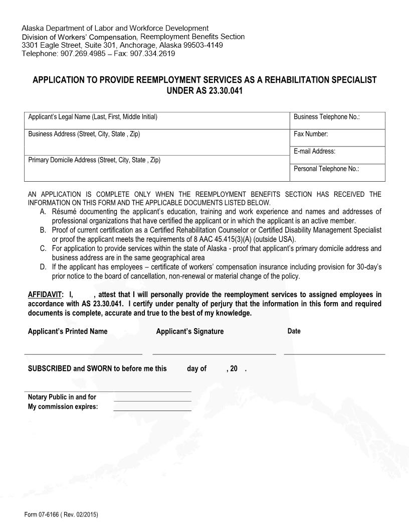 Application To Provide Reemployment Services As A Rehabilitation Specialist {Form 07-6166} | Pdf Fpdf Docx | Alaska