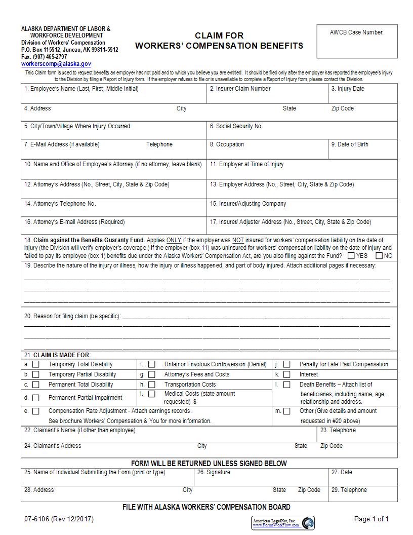 Claim For Workers Compensation Benefits {07-6106} | Pdf Fpdf Docx | Alaska