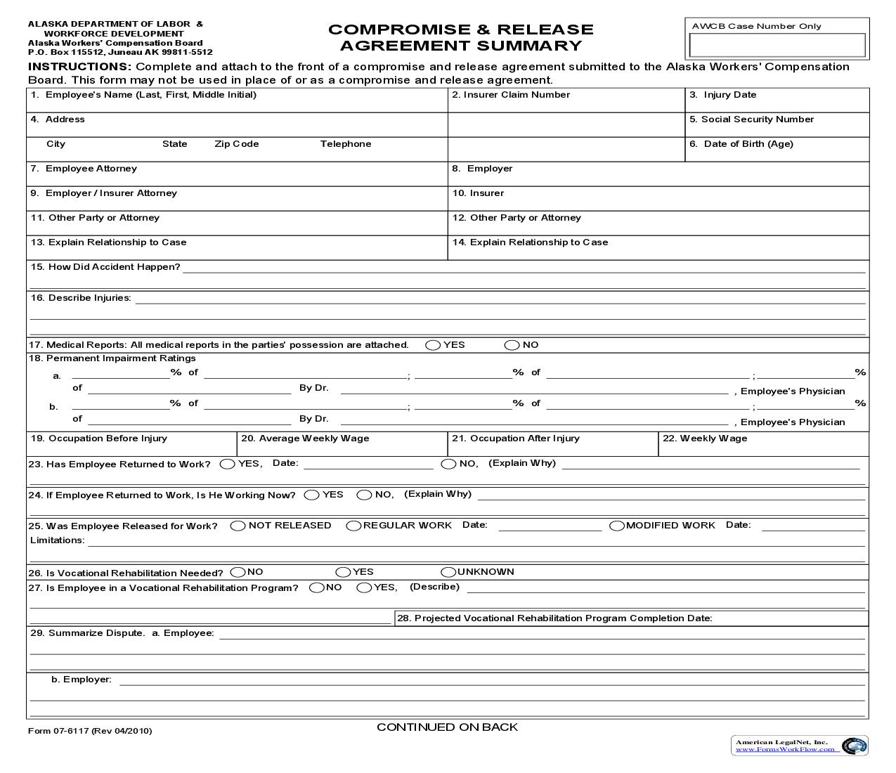Compromise And Release Agreement Summary {07-6117} | Pdf Fpdf Doc Docx | Alaska