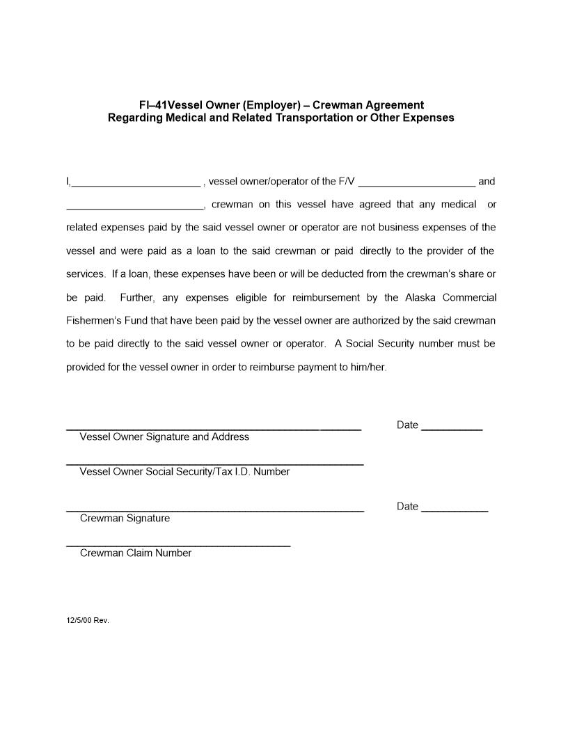Crewman Agreement Regarding Medical Related Transportation Or Other Expenses | Pdf Fpdf Docx | Alaska