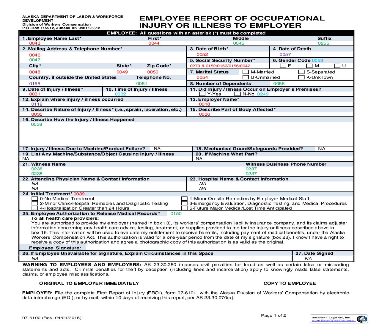 Employee Report Of Occupational Injury Or Illness To Employer {07-6100} | Pdf Fpdf Doc Docx | Alaska