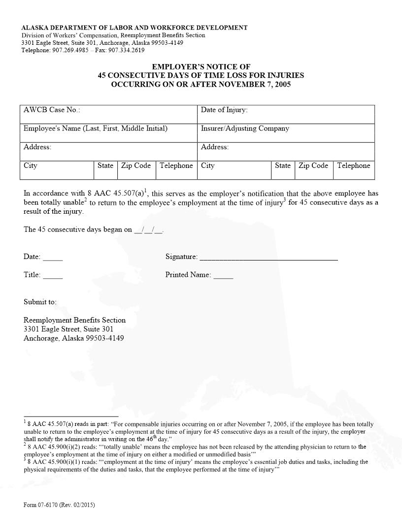 Employer Notice Of 45 Consecutive Days Of Time Loss For Injuries | Pdf Fpdf Docx | Alaska