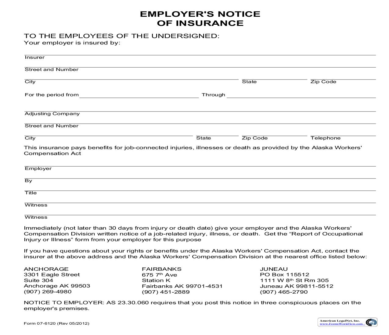 Employers Notice Of Insurance {07-6120} | Pdf Fpdf Doc Docx | Alaska